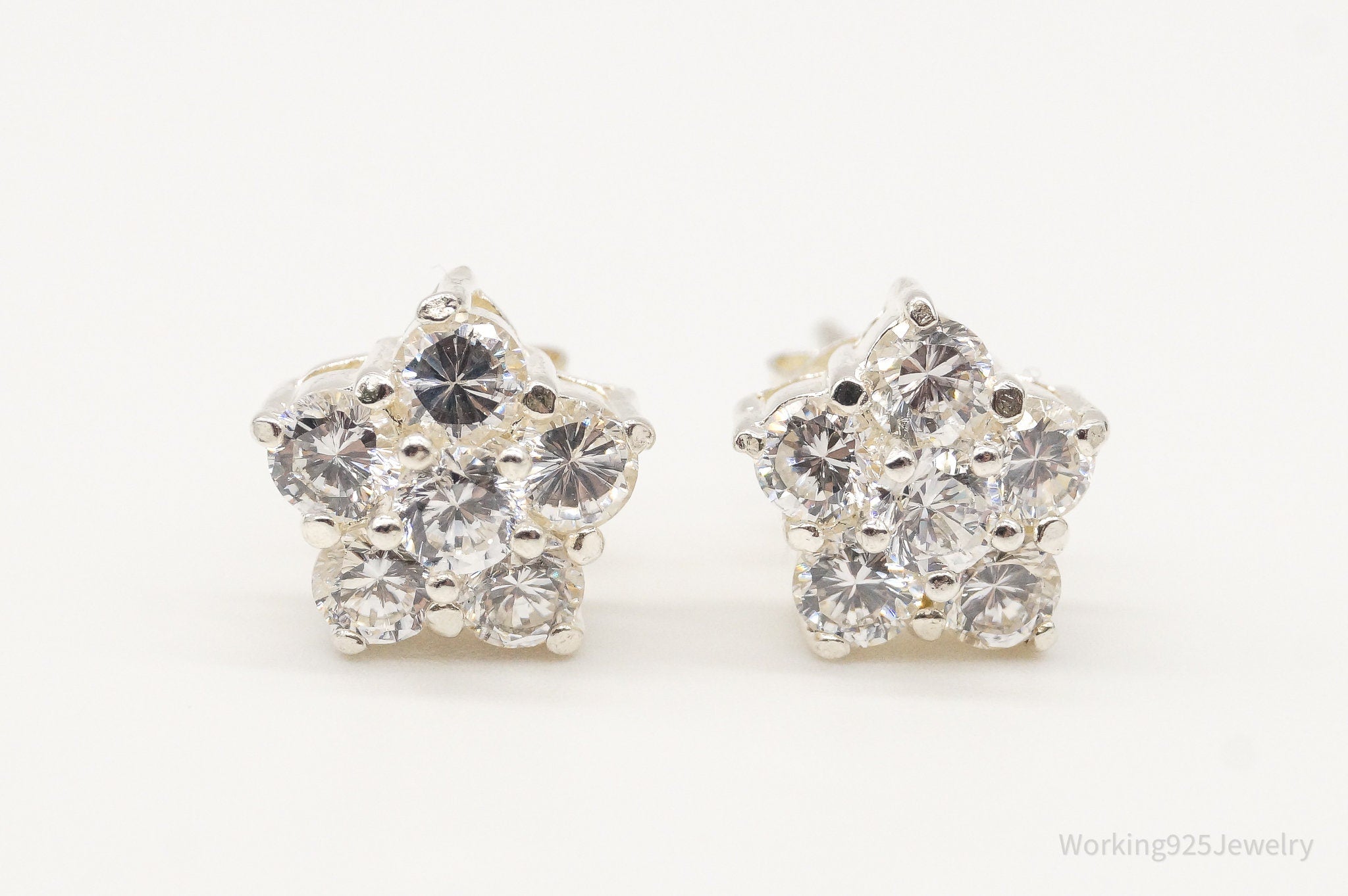 Vintage Cubic Zirconia Flowers Sterling Silver Stud Post Earrings