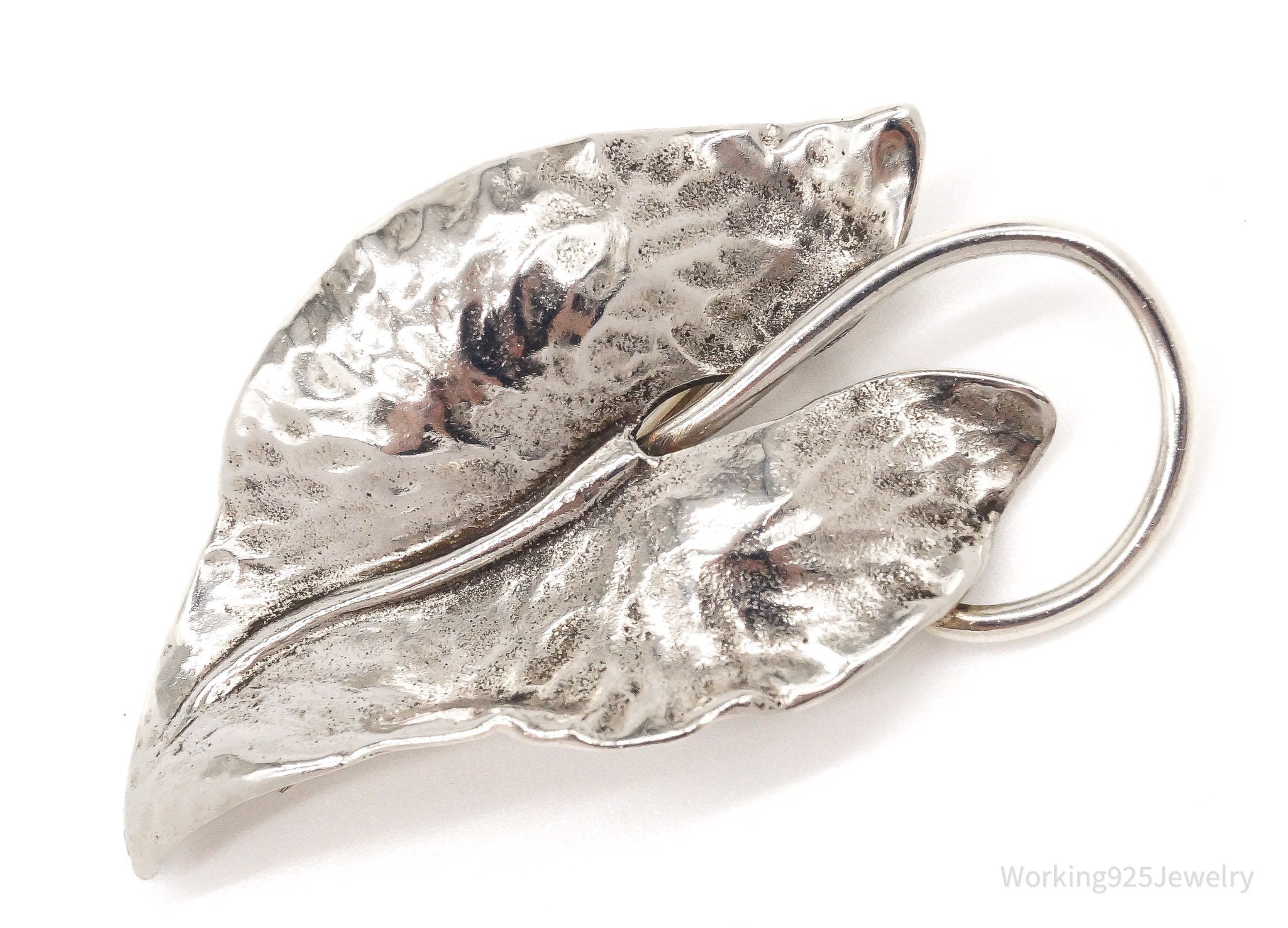 Large Antique Sterling Silver Leaf Pin Brooch