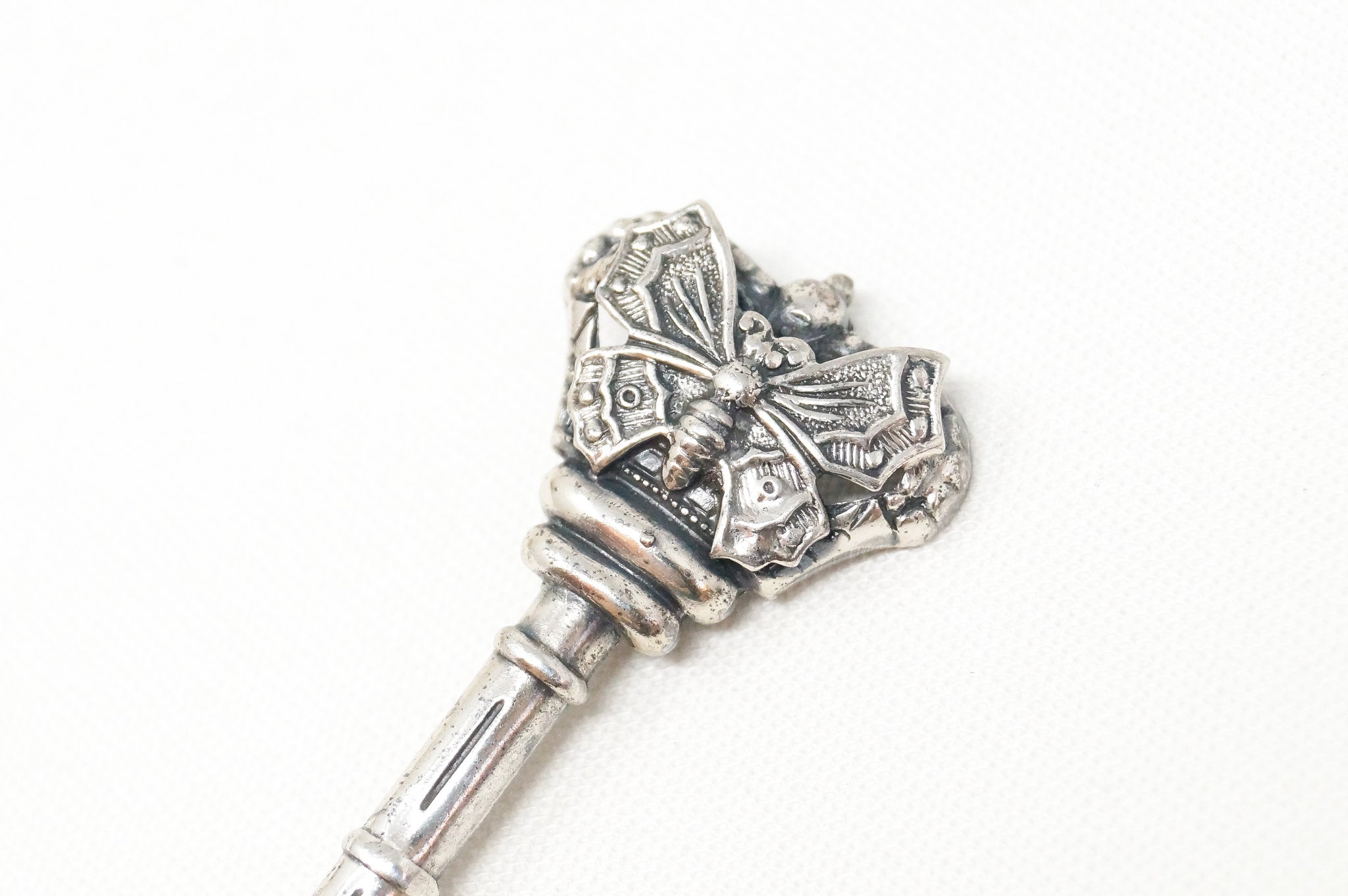 Antique Butterfly Skeleton Key Sterling Silver Brooch Pin