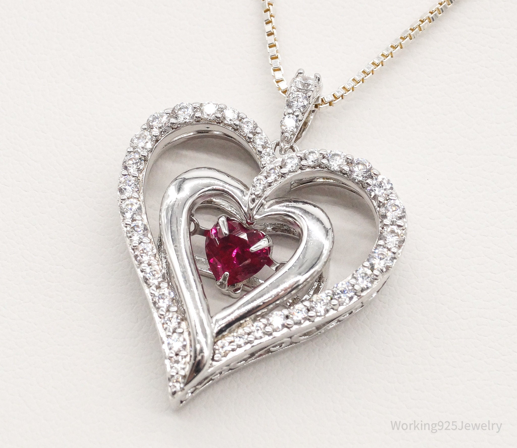 Vintage Designer SUN Ruby Cubic Zirconia Heart Sterling Silver Necklace