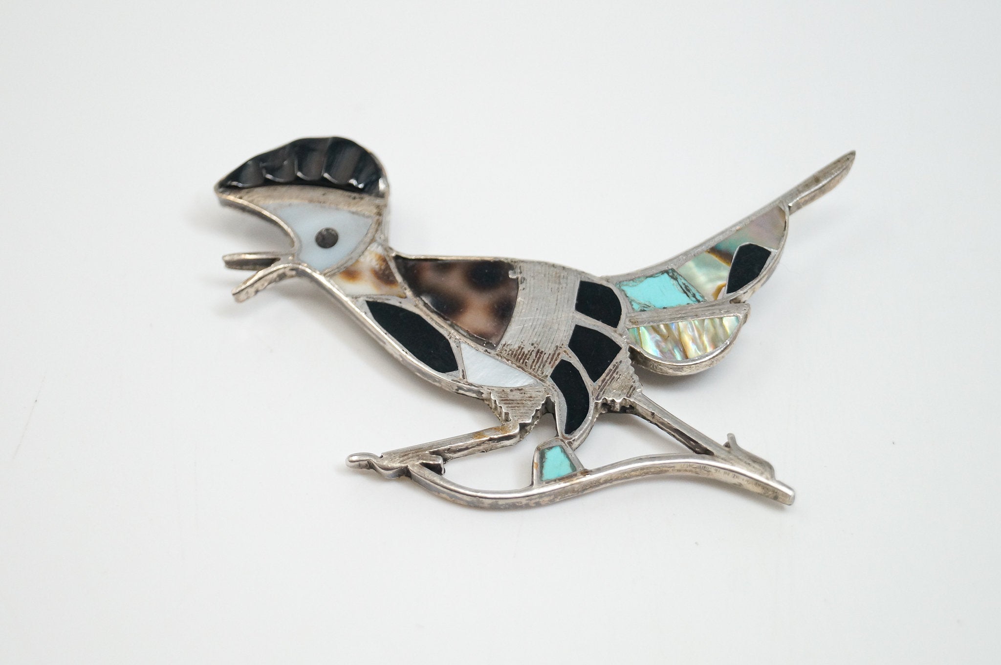 Vintage Handmade Native American Unsigned Roadrunner Sterling Silver Brooch Pin