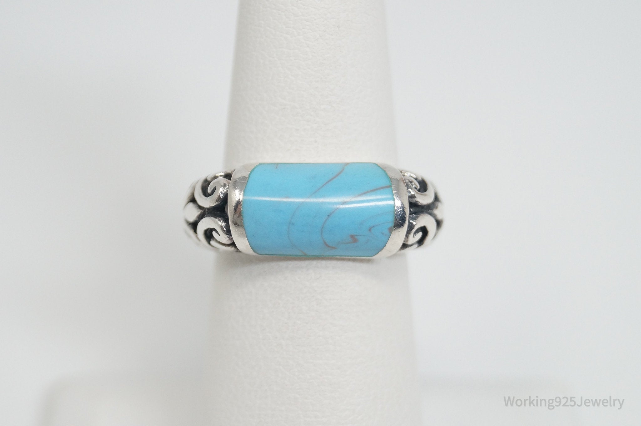 Vintage Designer FAS Faux Turquoise Scroll Ring Sterling Silver - Size 6