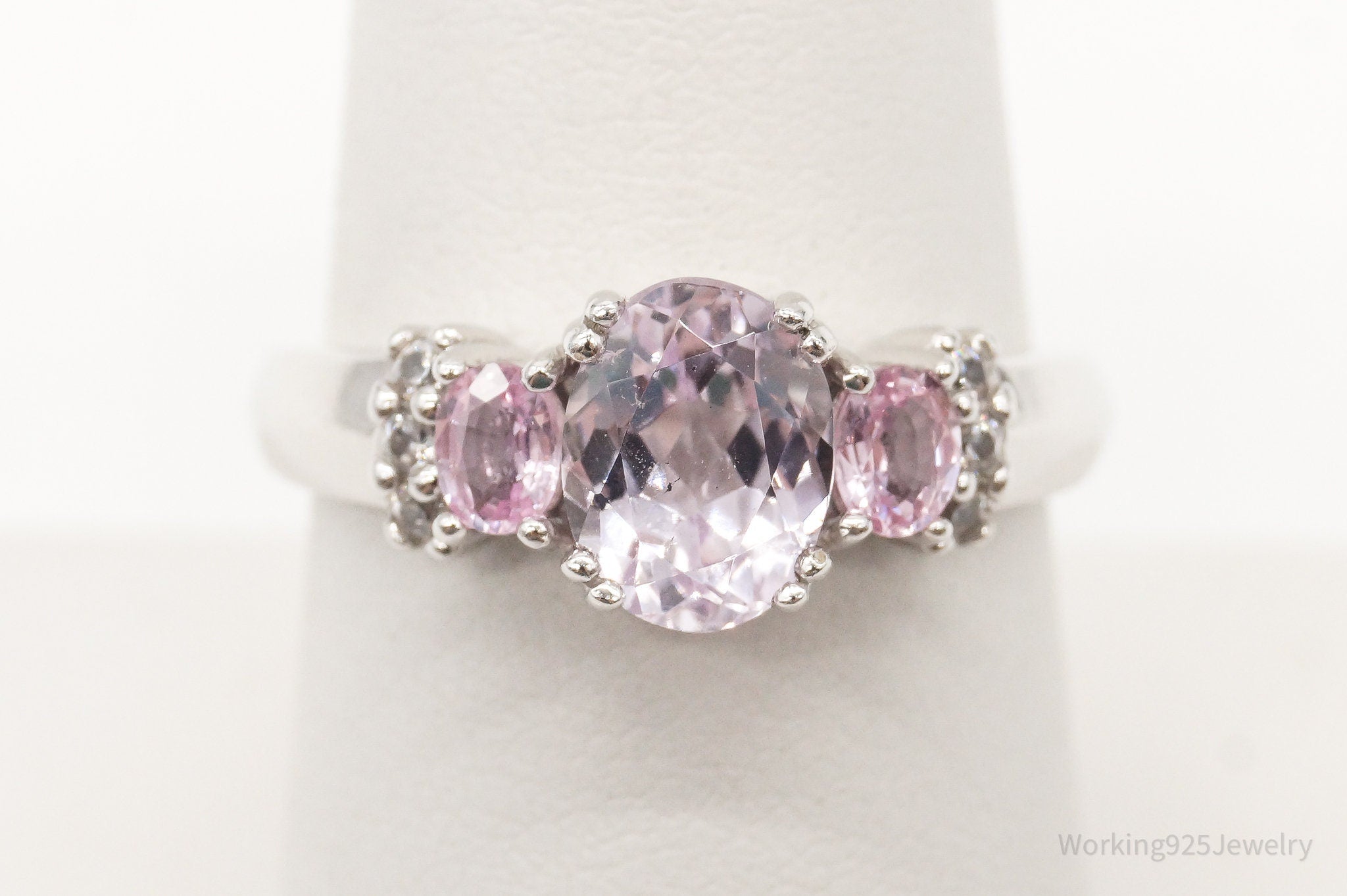 Pink Kunzite Pink Sapphire Cubic Zirconia Rhodium Sterling Silver Ring SZ 7.5