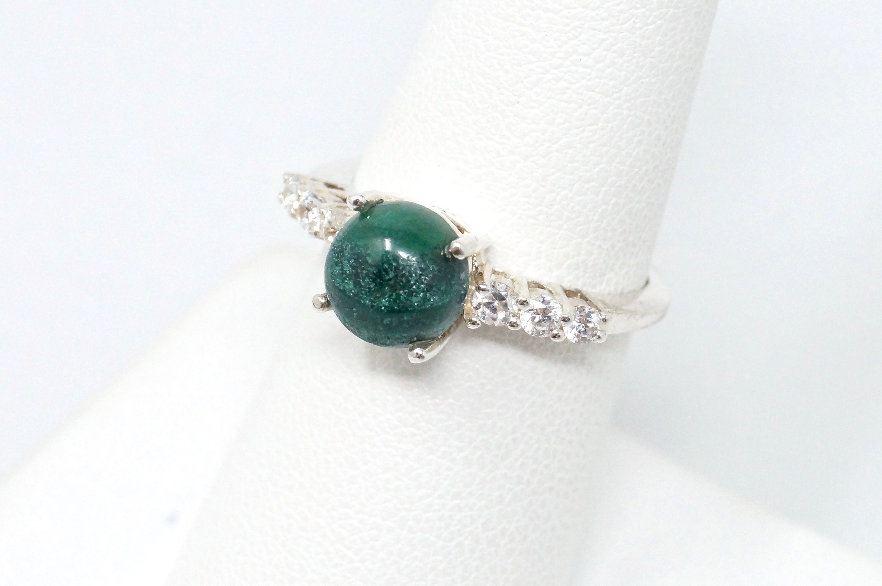 Vintage Green Malachite Cz Accented Southwestern Style Sterling Silver Ring Sz 7