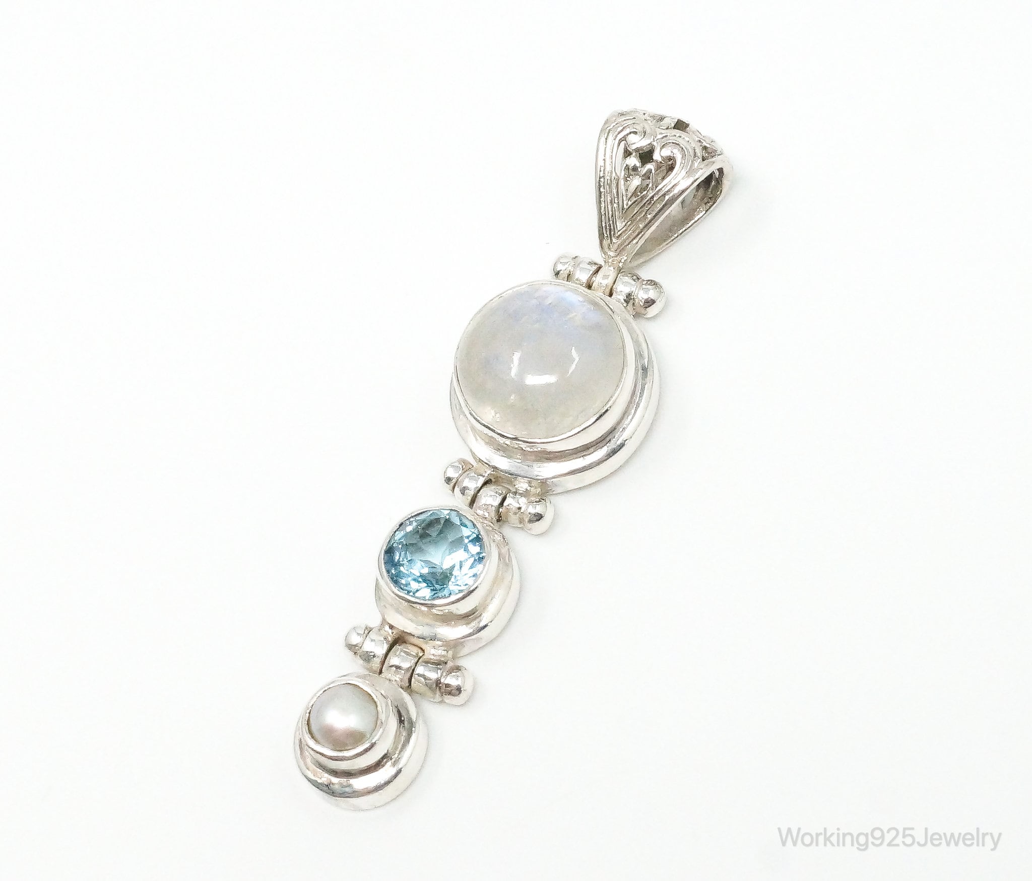 Large Designer SJ Blue Topaz Moonstone Pearl Sterling Necklace Pendant
