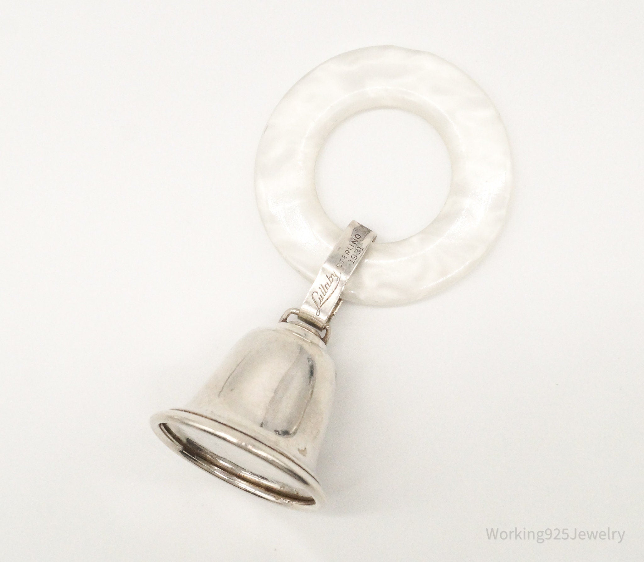 Large 1930s Lullaby Bell Lucite Sterling Silver Baby Rattle