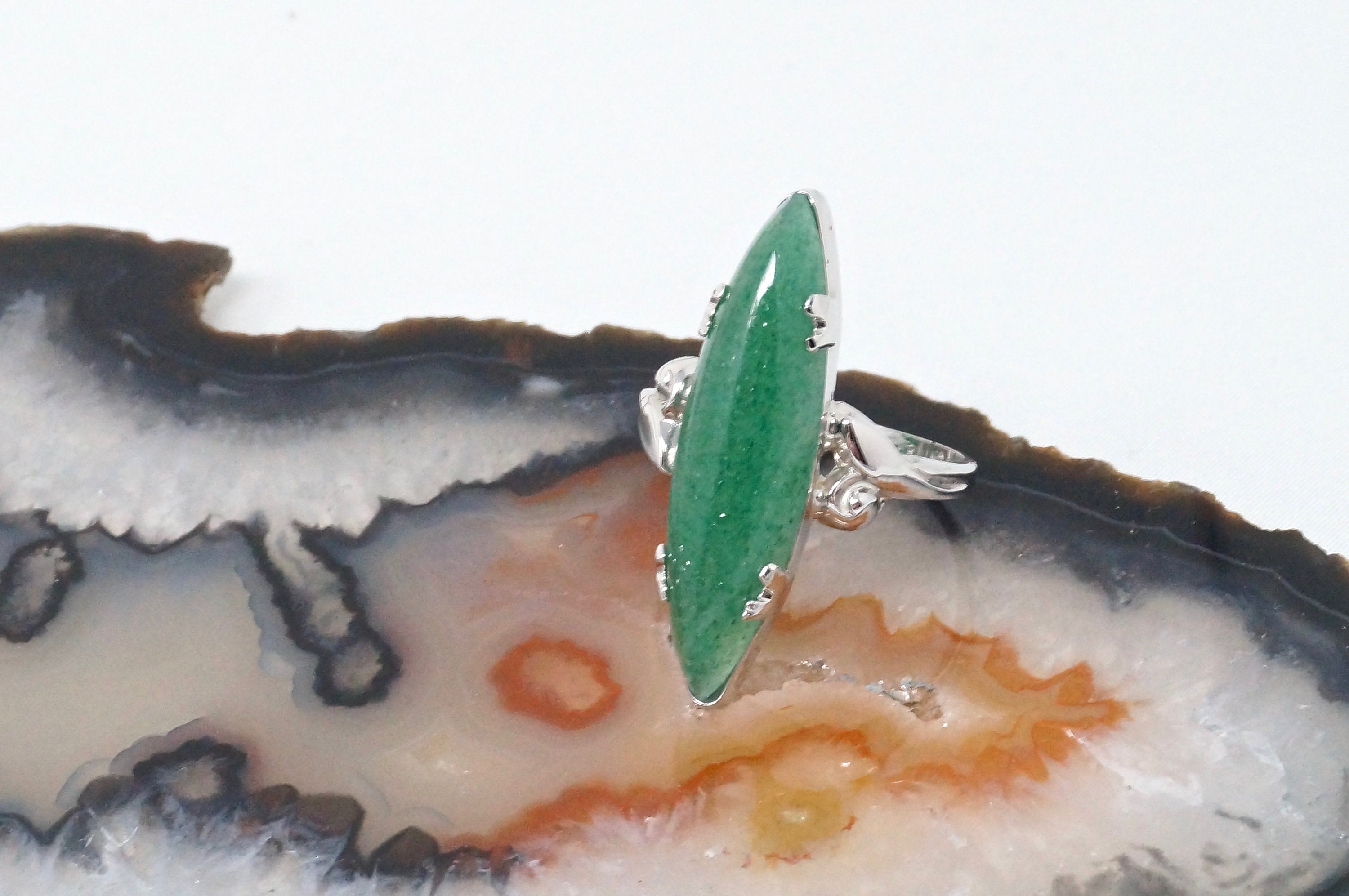 STUNNING Vintage Designer Large Aventurine Sterling Silver Statement Ring Sz 7