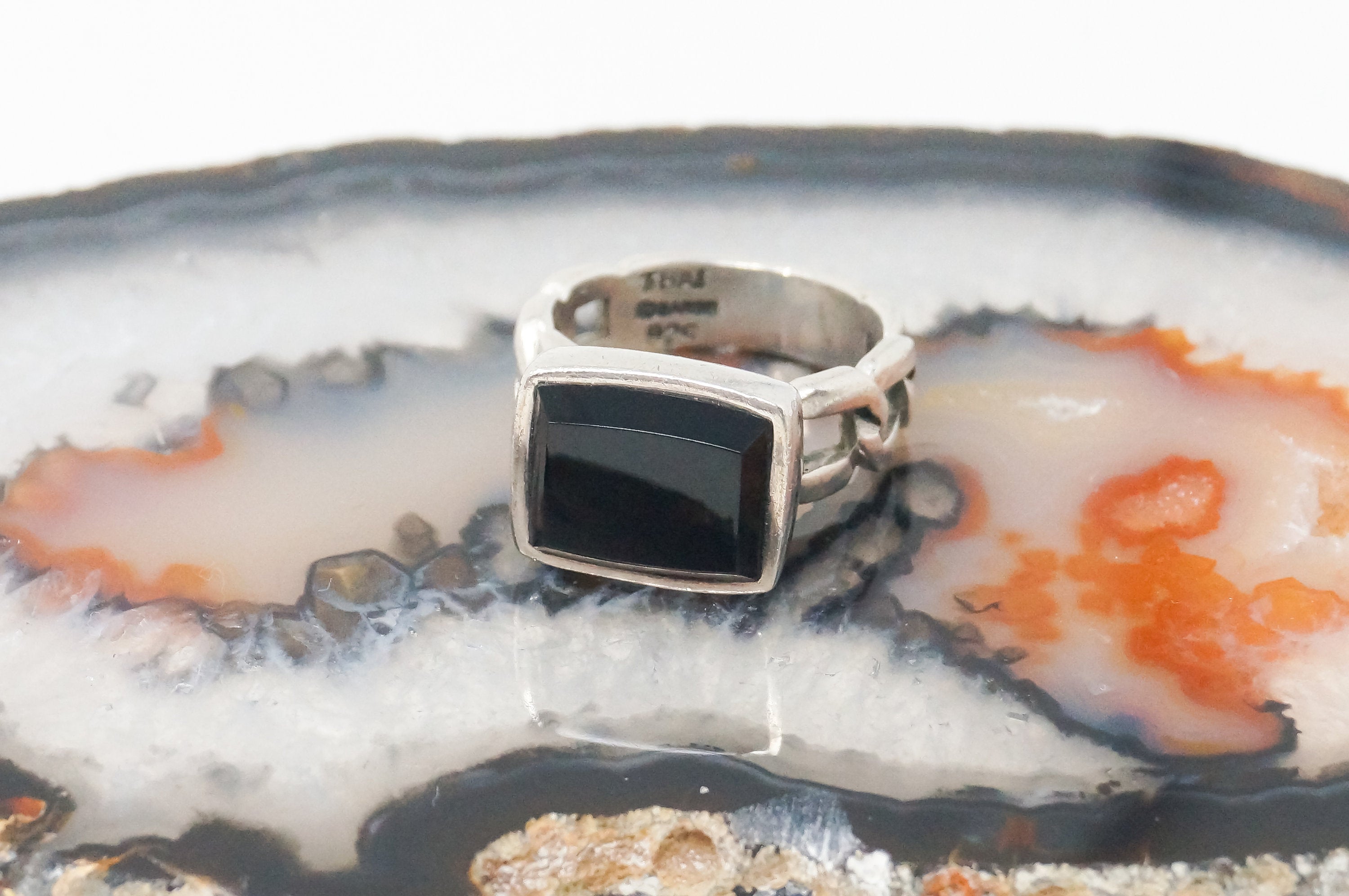 Vintage Designer Barse Black Onyx Chainlink Sterling Silver Ring Sz 5.75