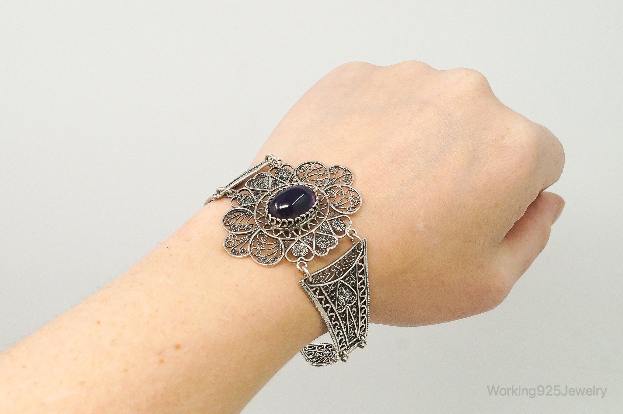 Vintage Amethyst Sterling Silver Intricate Filigree Bracelet