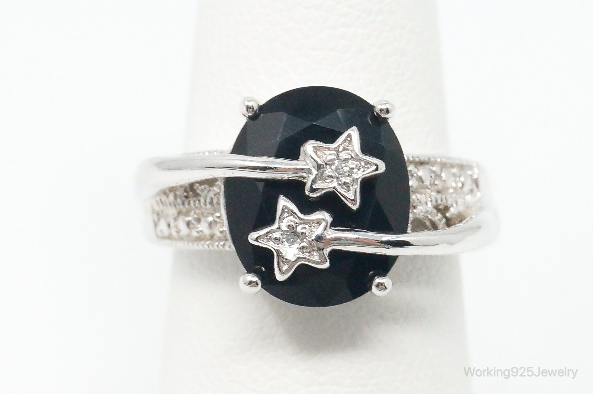 Black Onyx Cubic Zirconia Shooting Stars Sterling Silver Ring - Size 6