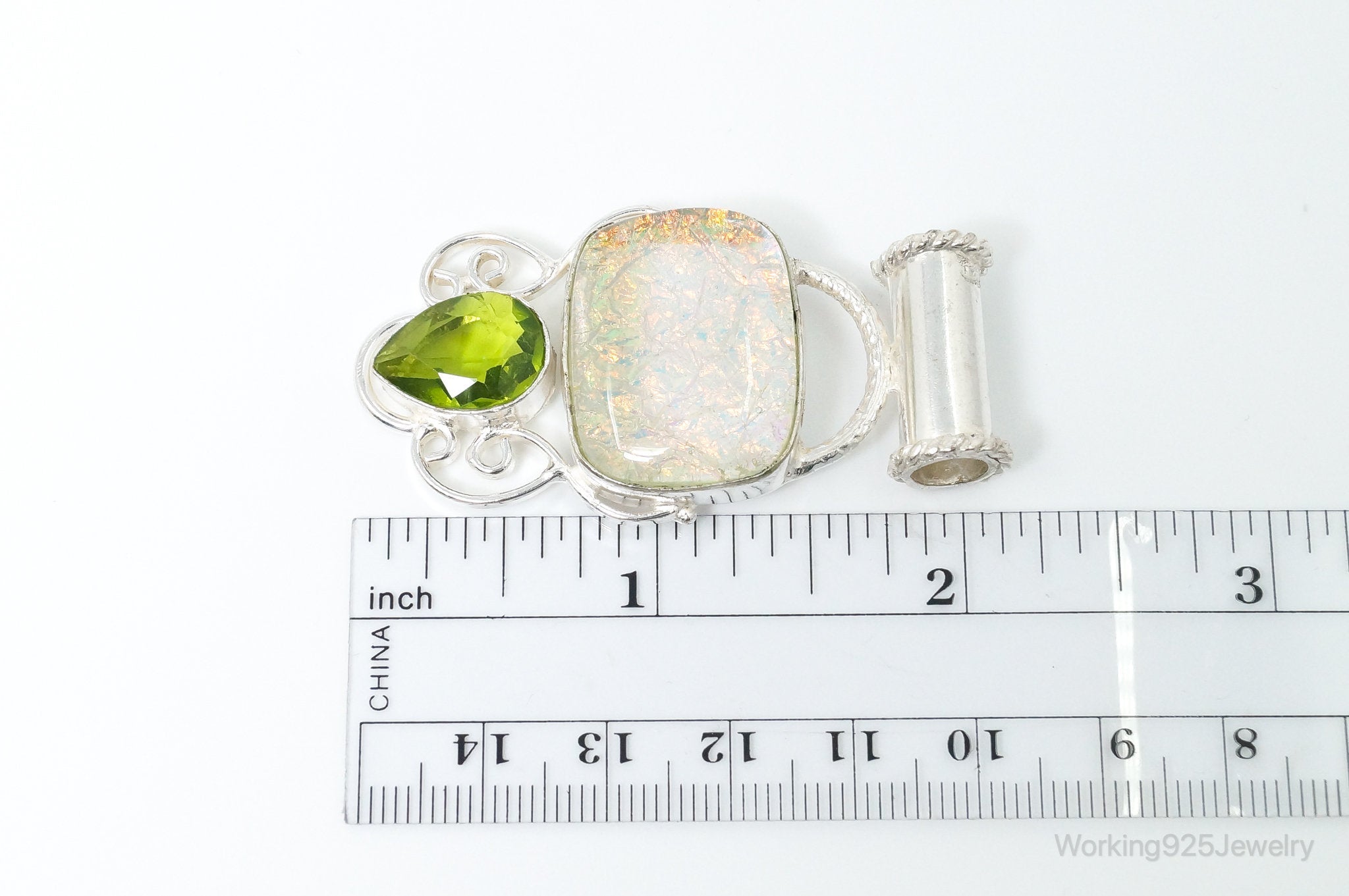 Large Vintage Rainbow Glass Peridot Sterling Silver Pendant