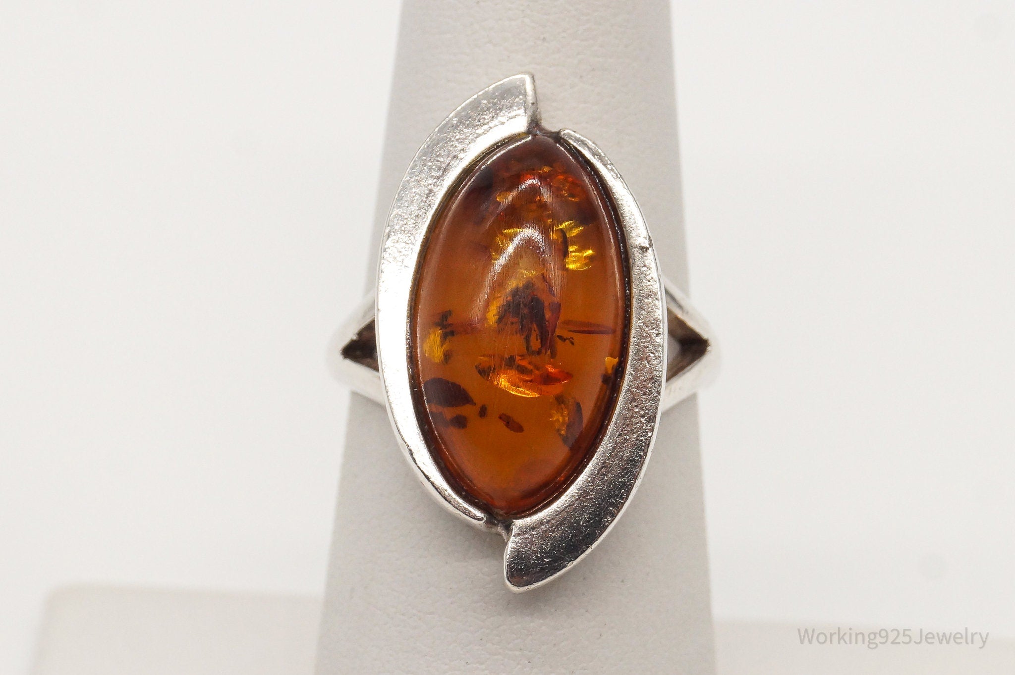 Vintage Baltic Amber Modernist Sterling Silver Ring - Size 6.25