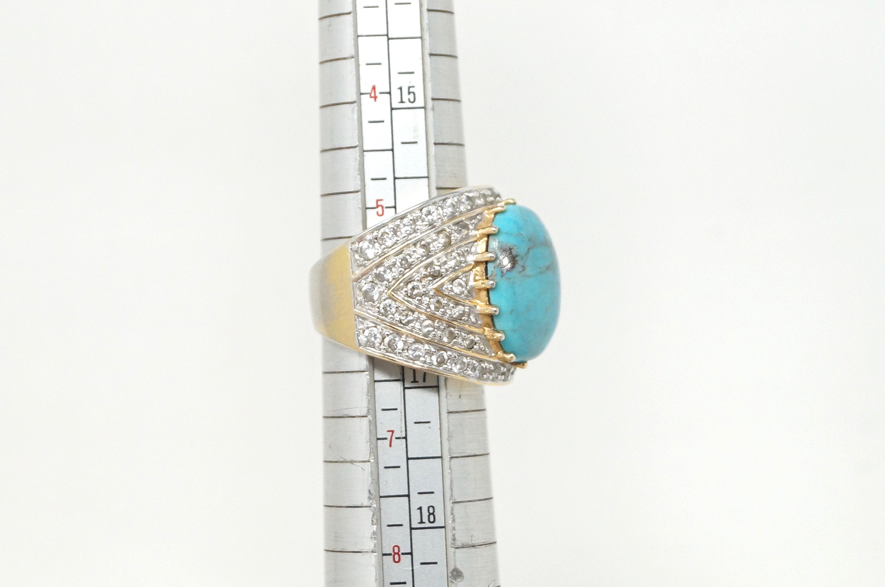 Beautiful Vintage Large Turquoise Cz Gold Vermeil Sterling Silver Ring - Size 6