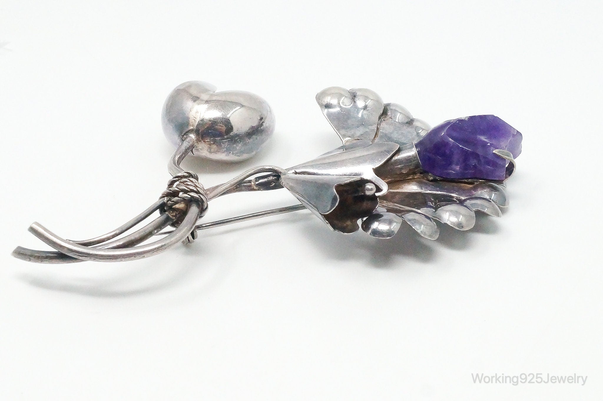 Large Vintage Mexico Modernist Amethyst Flower Sterling Silver Brooch Pin