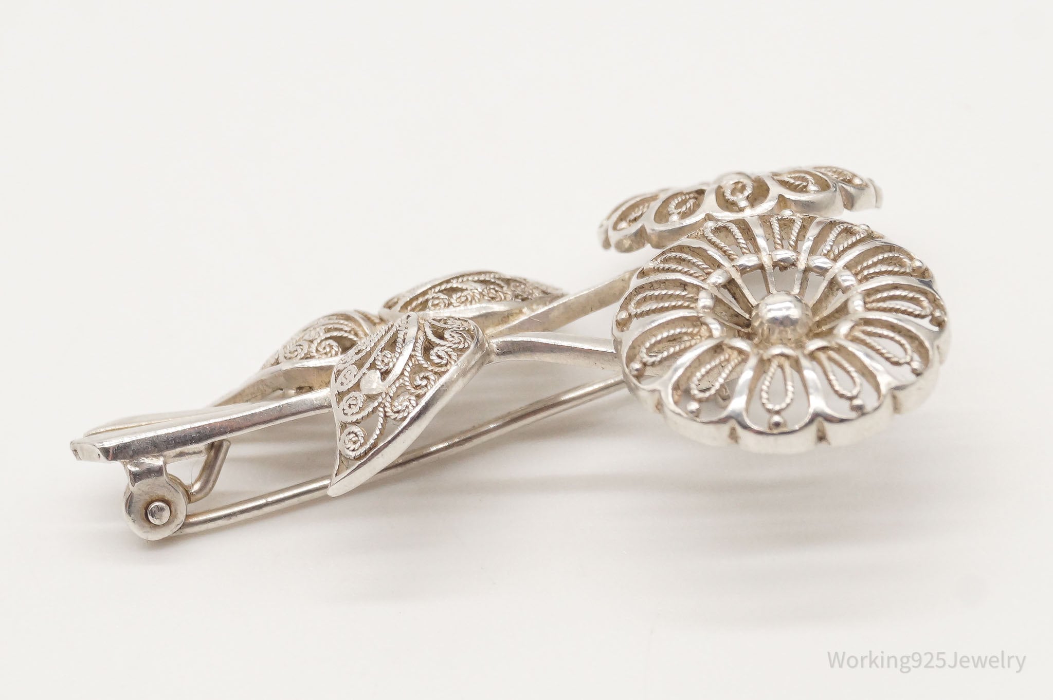 Vintage Flowers Filigree Sterling Silver Brooch Pin