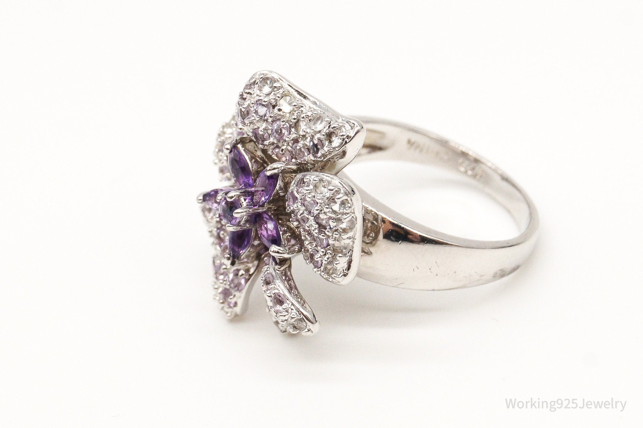 Designer Ross Simons Amethyst Cubic Zirconia Sterling Silver Flower Ring SZ 7.25