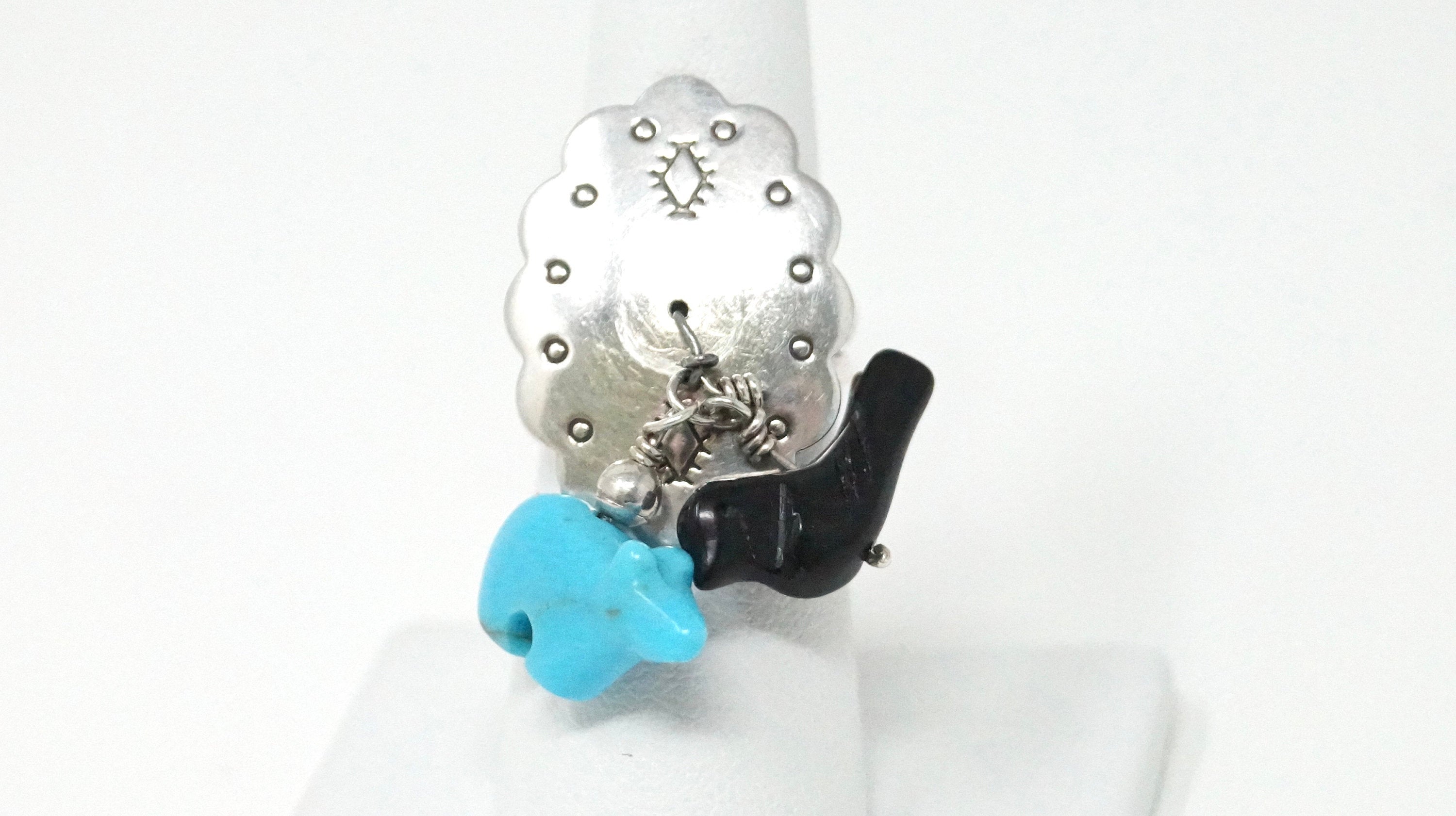 Native American CJD Turquoise Black Onyx Bear Bird Sterling Silver Ring Sz 6.25