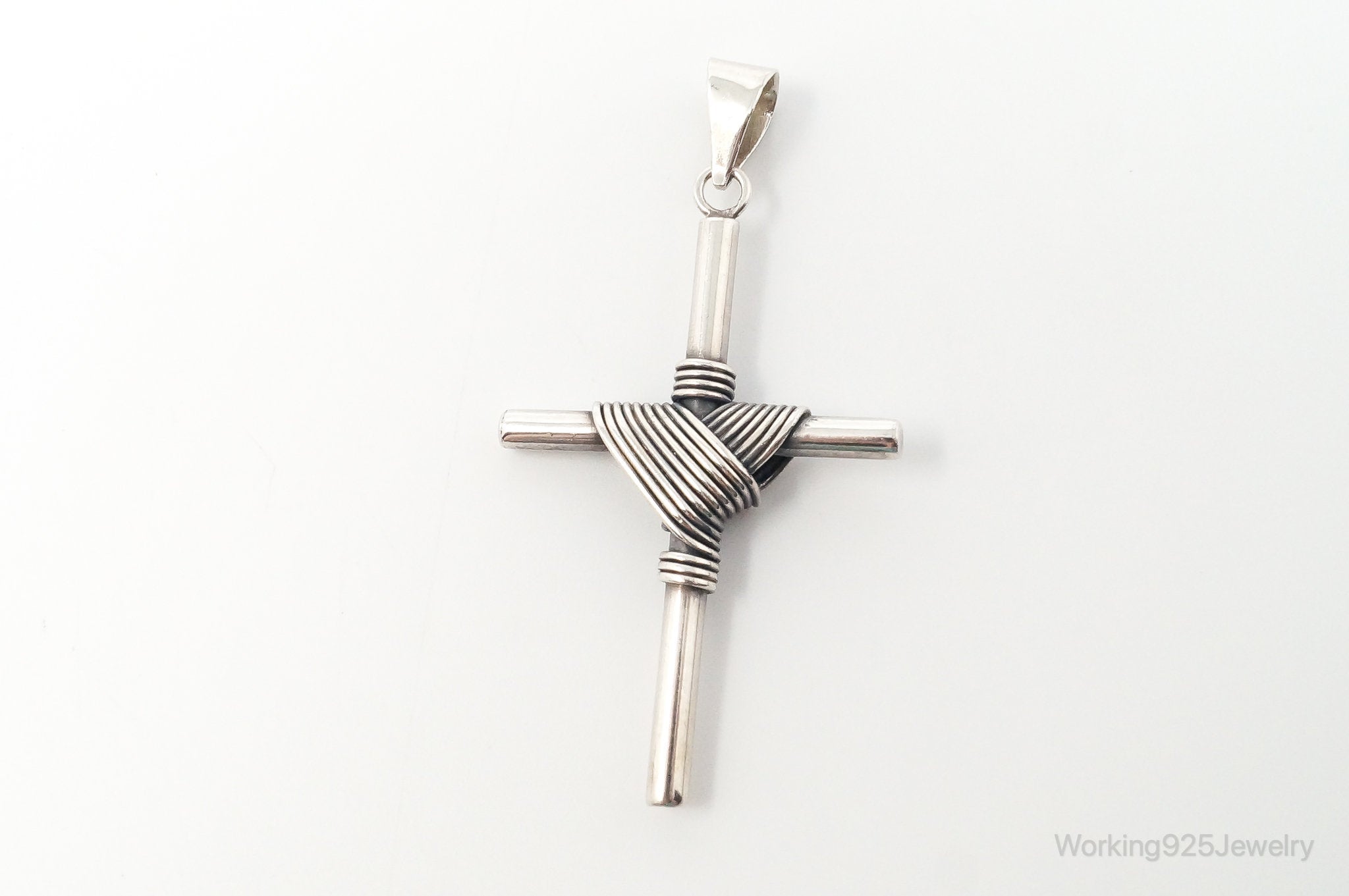Large Vintage Wrapped Cross Sterling Silver Necklace Pendant