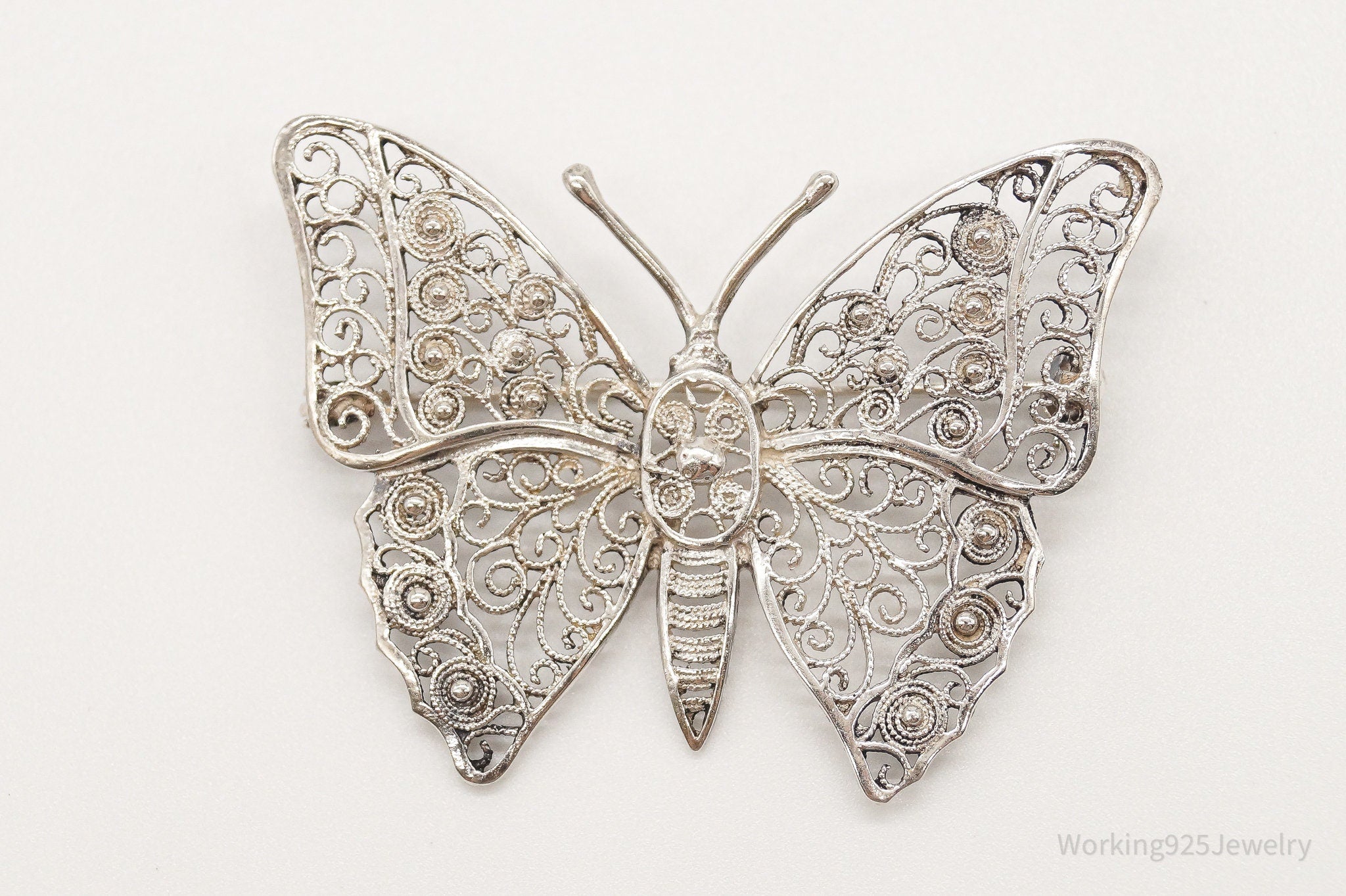 Large Antique Filigree Butterfly Sterling Silver Brooch Pin