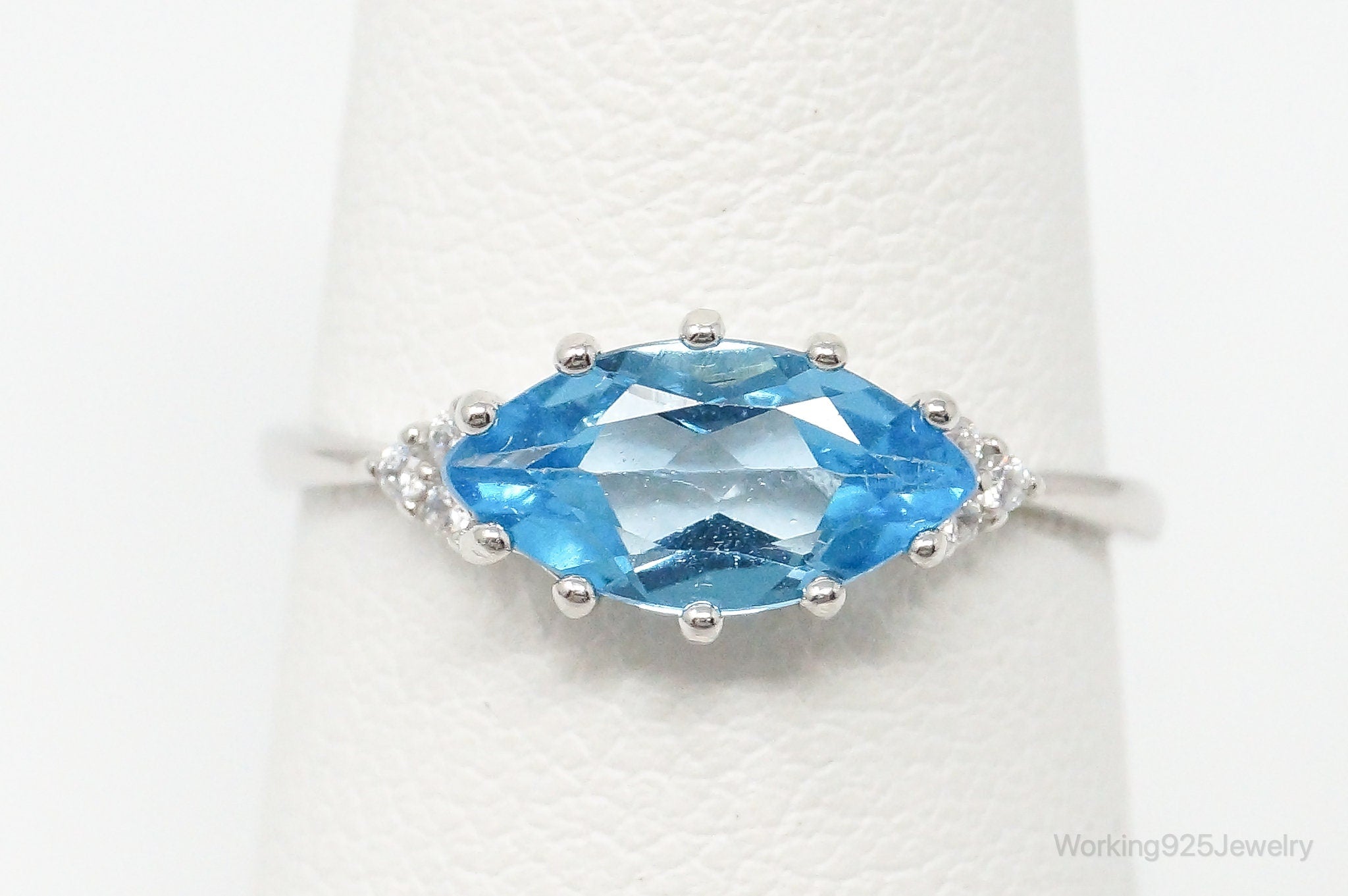 Vintage Blue Topaz Cubic Zirconia Sterling Silver Ring - Size 6.5 Adjustable