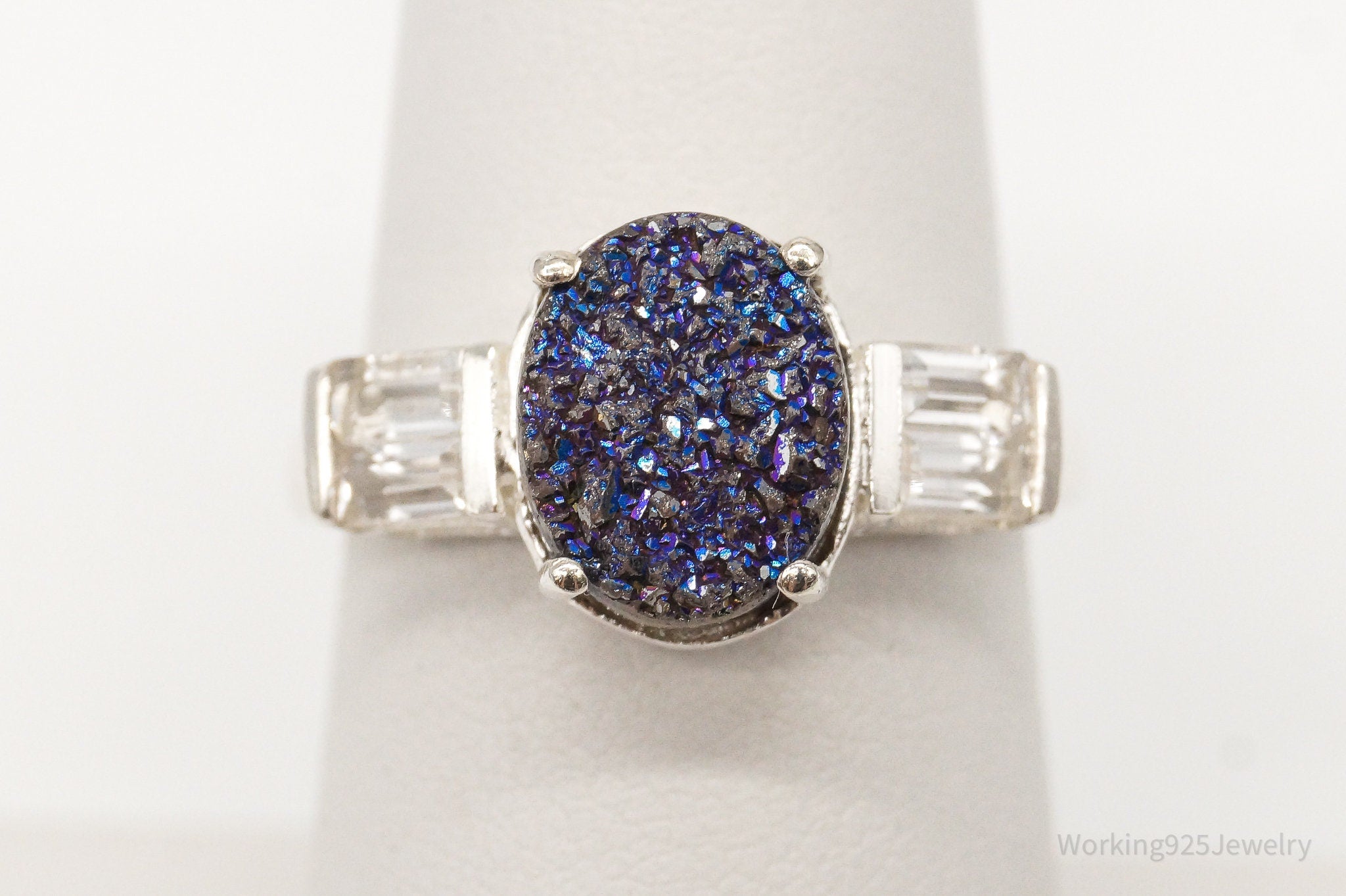 Vintage Blue Druzy Quartz Cubic Zirconia Sterling Silver Ring - Size 6.75