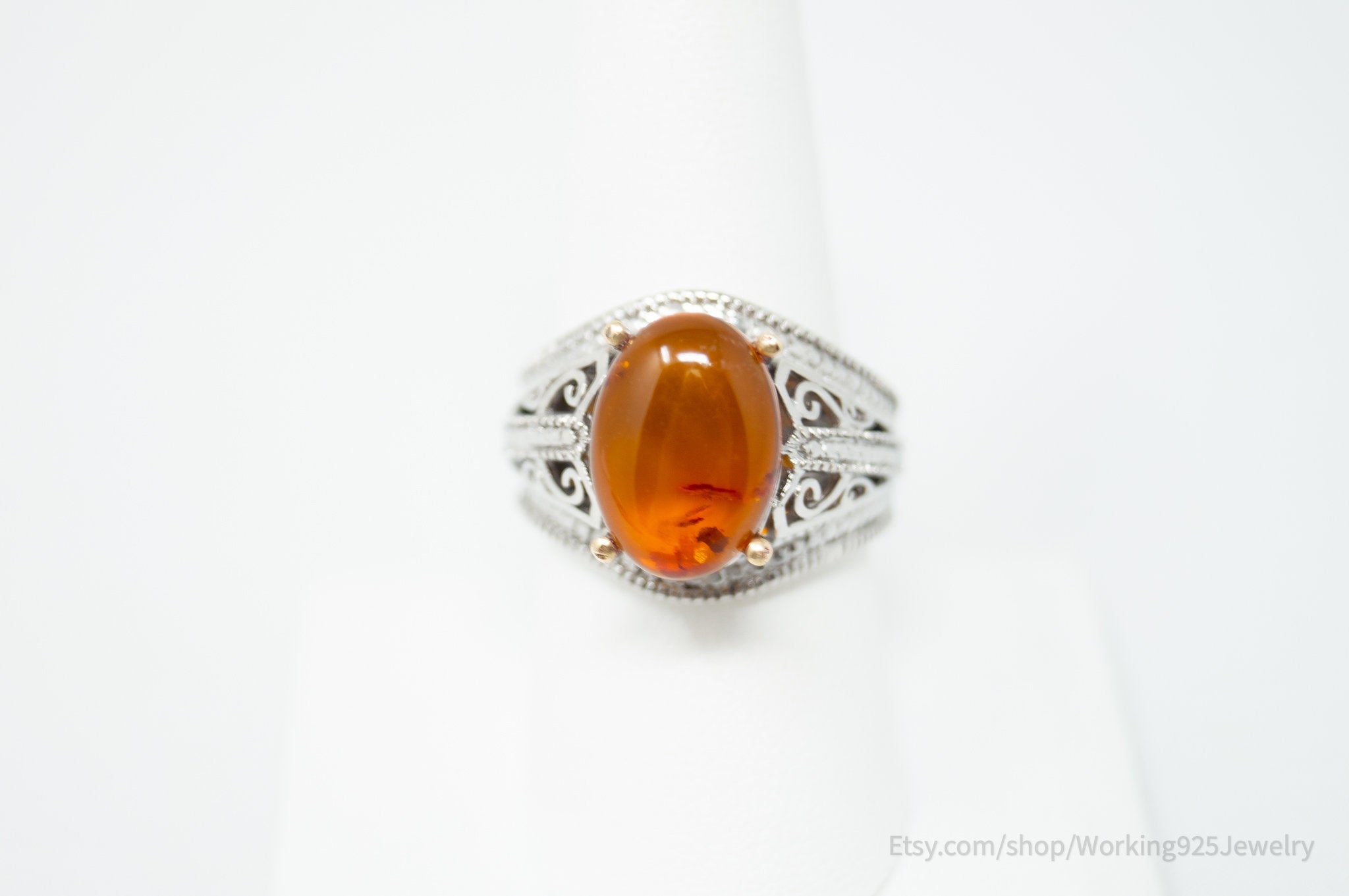 Vintage Designer Karis Amber Sterling Silver Statement Ring - Size 8.75