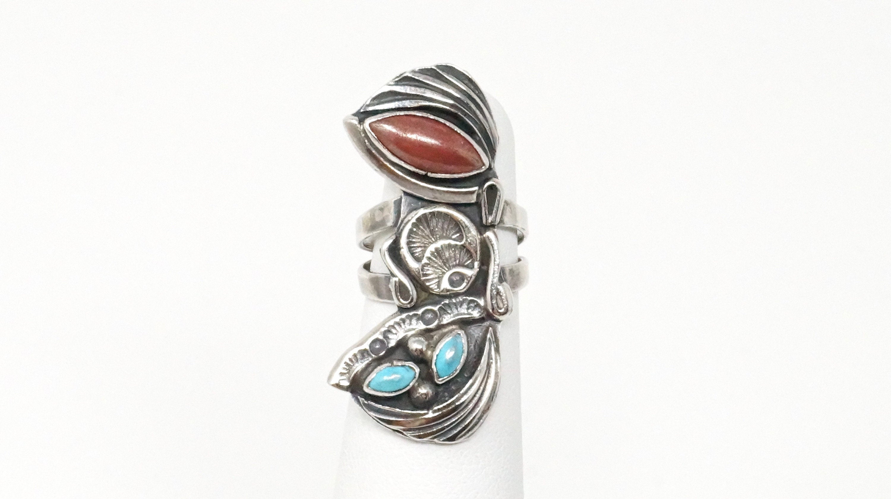 Native American Navajo Roger Skeet RS Turquoise Coral Sterling Silver Ring Sz 4