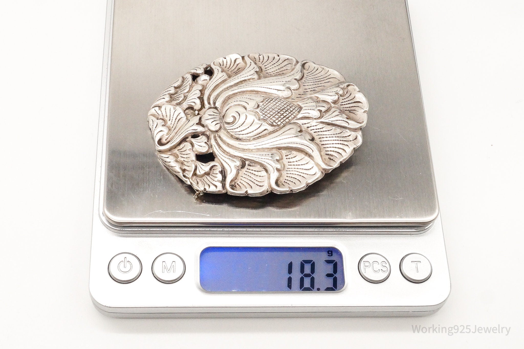 RARE Antique Signed PD Floral Repousse 800 Silver Clip