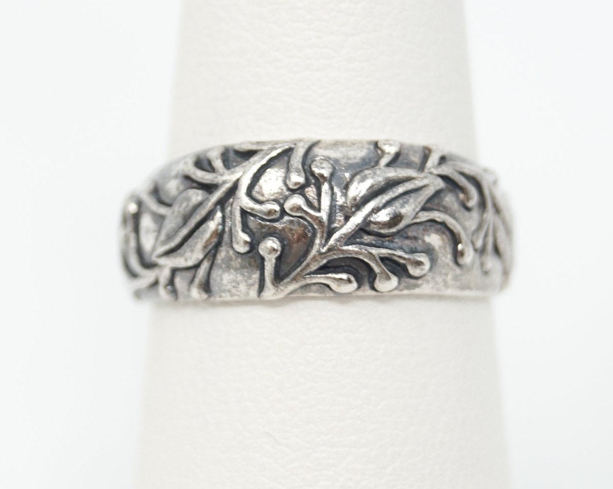 Vintage Designer JEZ Leaf Floral Design Sterling Silver Band Ring - Size 6.25