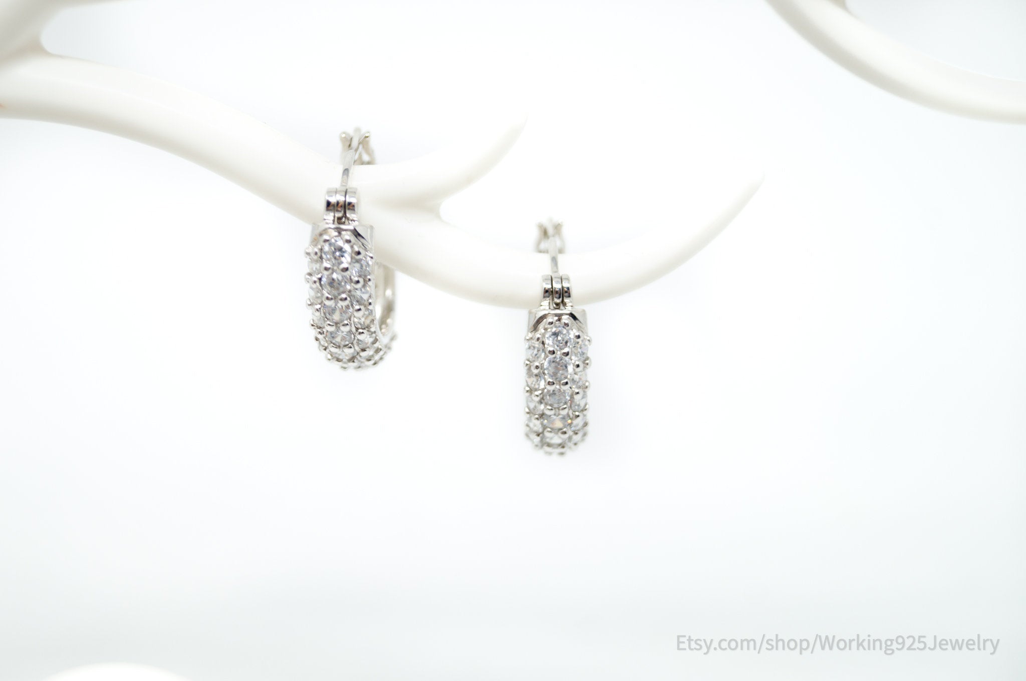 Vintage Art Deco Style Cz Sterling Silver Hoop Earrings