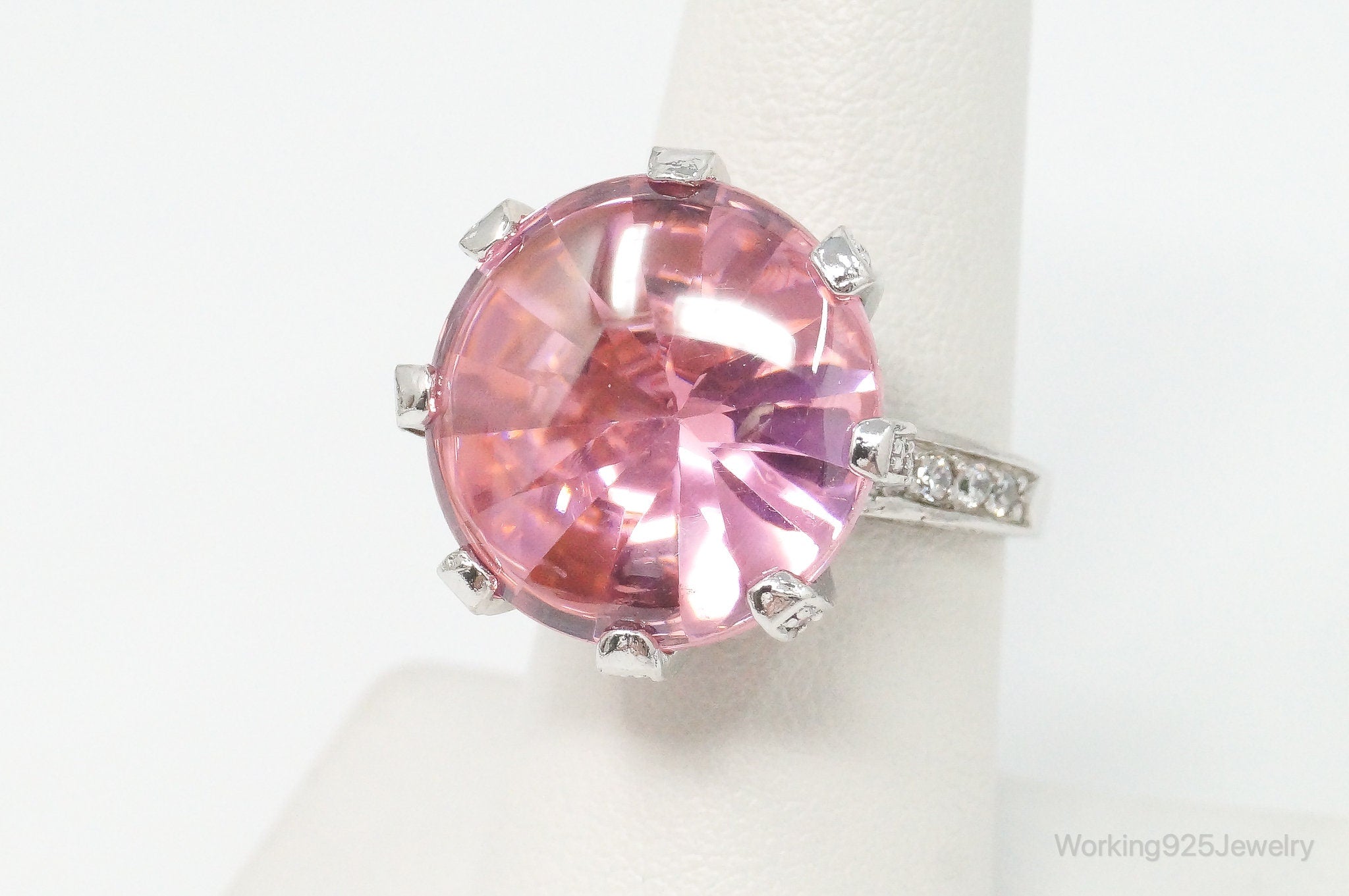 Designer Large Pink Art Glass Cubic Zirconia Sterling Silver Ring Size 7