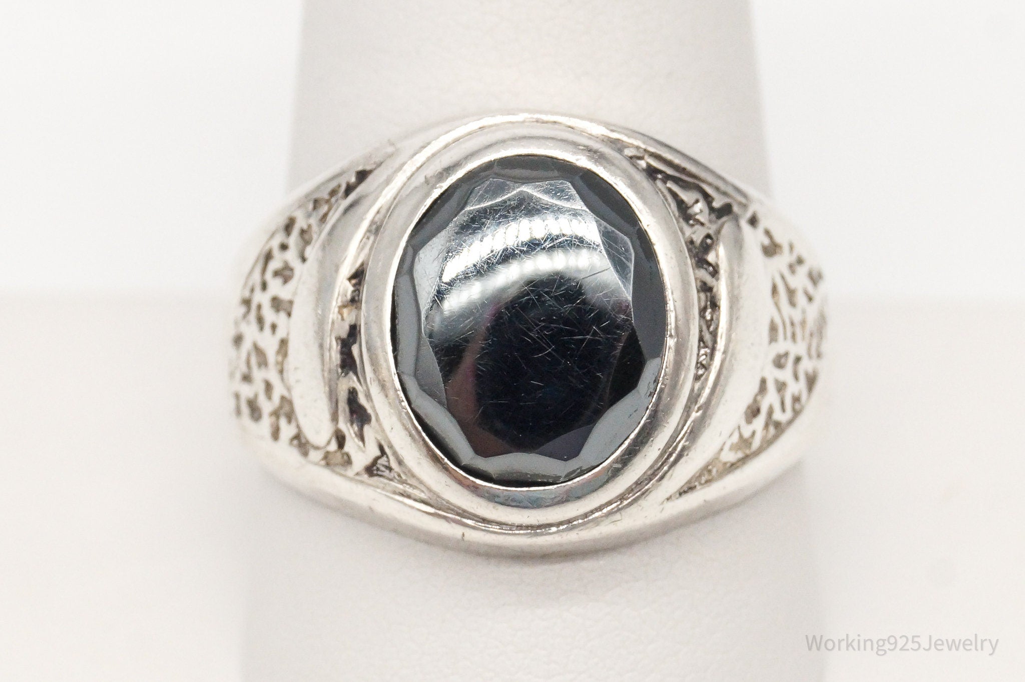 Antique Designer Clark & Coombs Hematite Sterling Silver Ring - Size 10.75