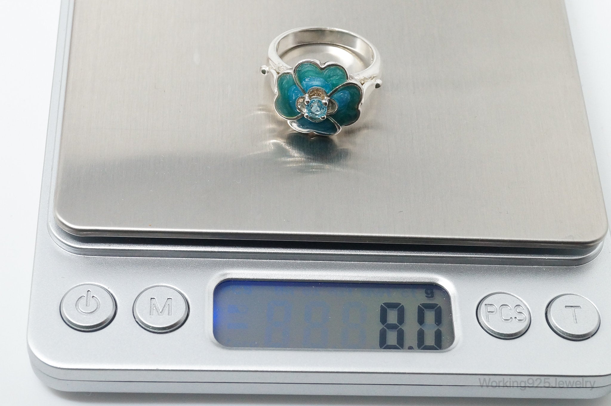 Vintage Blue CZ Blue Enamel Flower Southwestern Sterling Silver Ring - Size 8