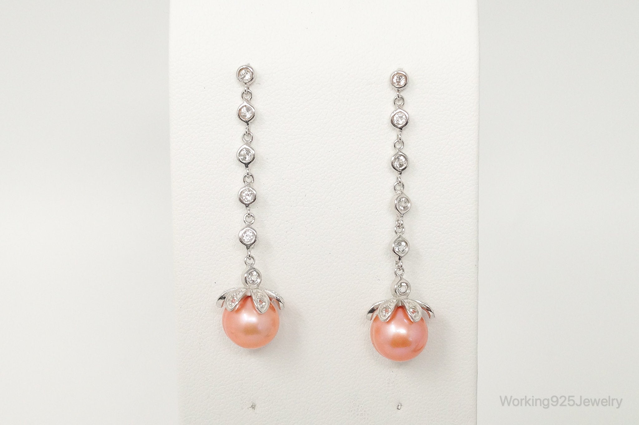 Italian Designer Peach Pearl Cubic Zirconia Sterling Silver Earrings