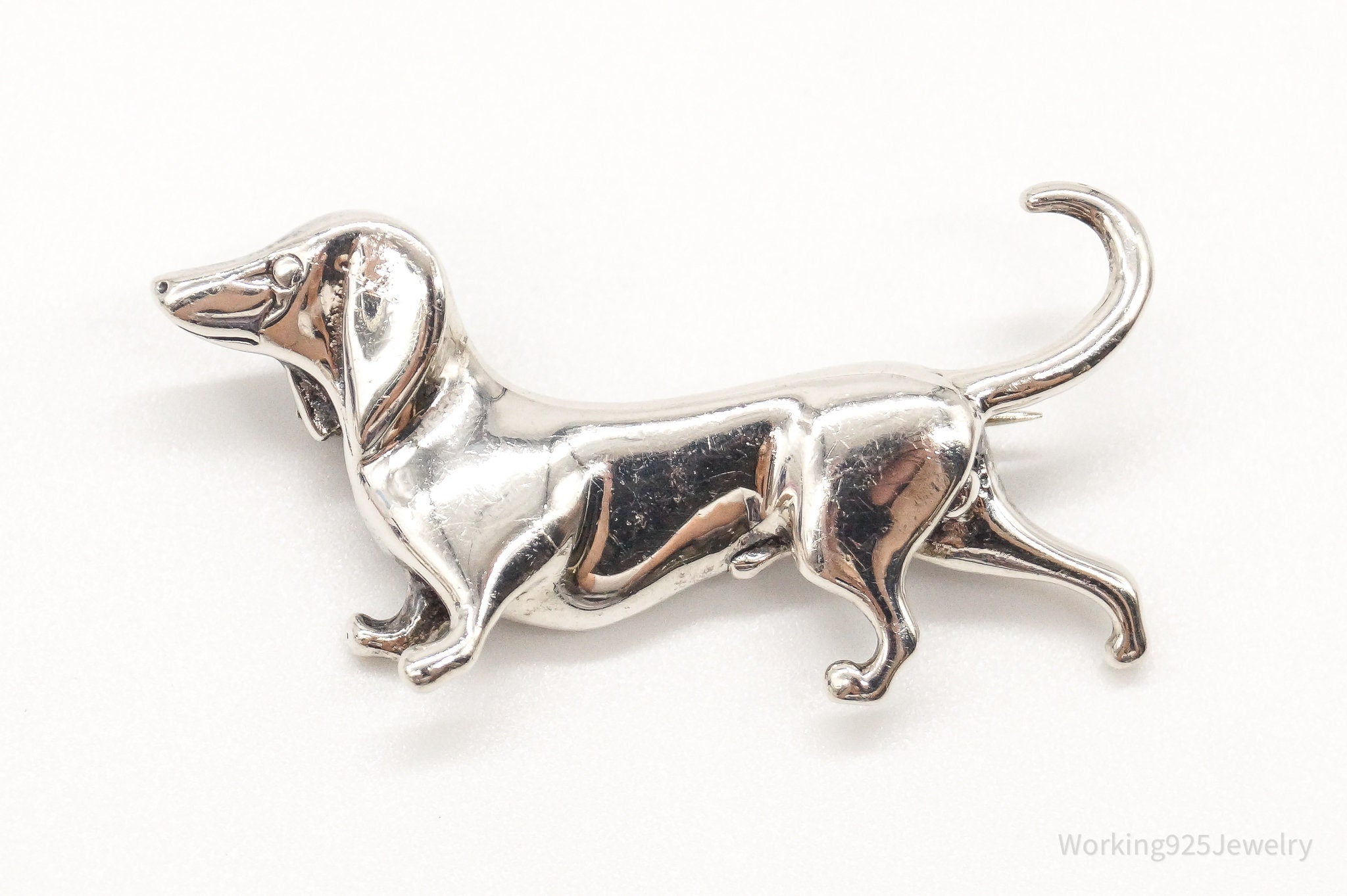 Vintage Designer Jerlaine Dachshund Weiner Dog Sterling Silver Brooch Pin