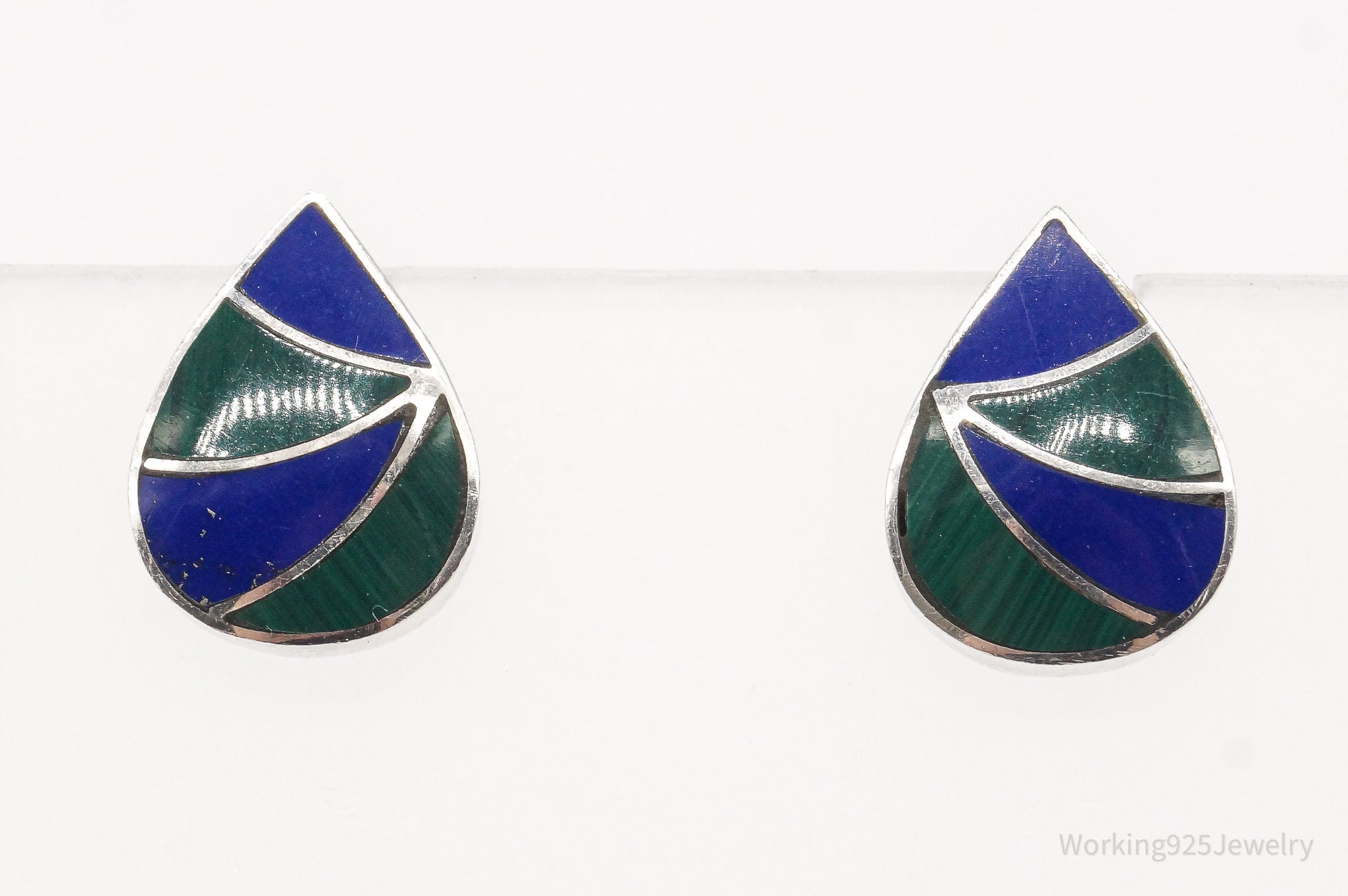 Vintage Lapis Lazuli Malachite 950 Silver Earrings