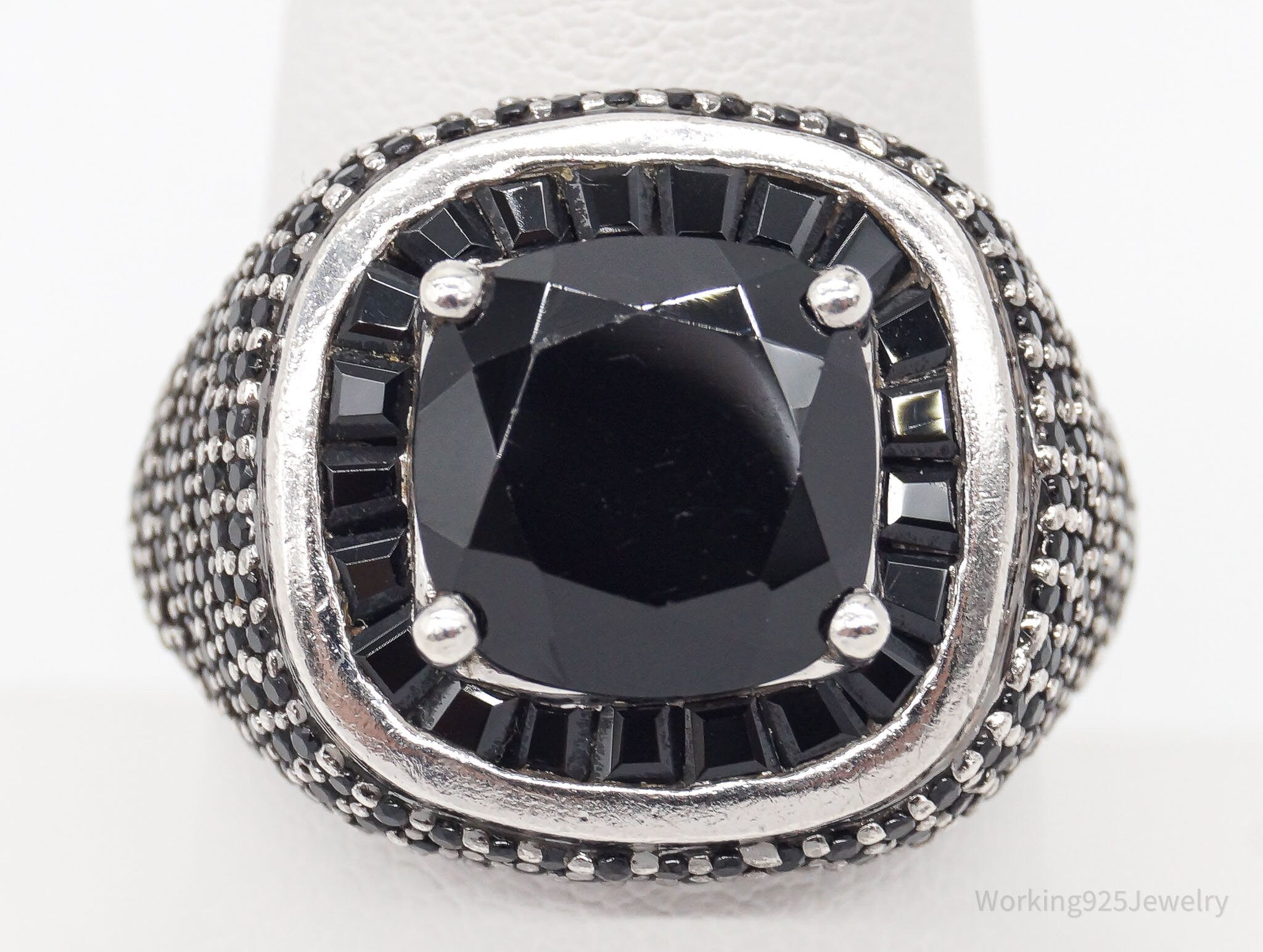 Vintage Designer Black Spinel Sterling Silver Ring - Size 8.75