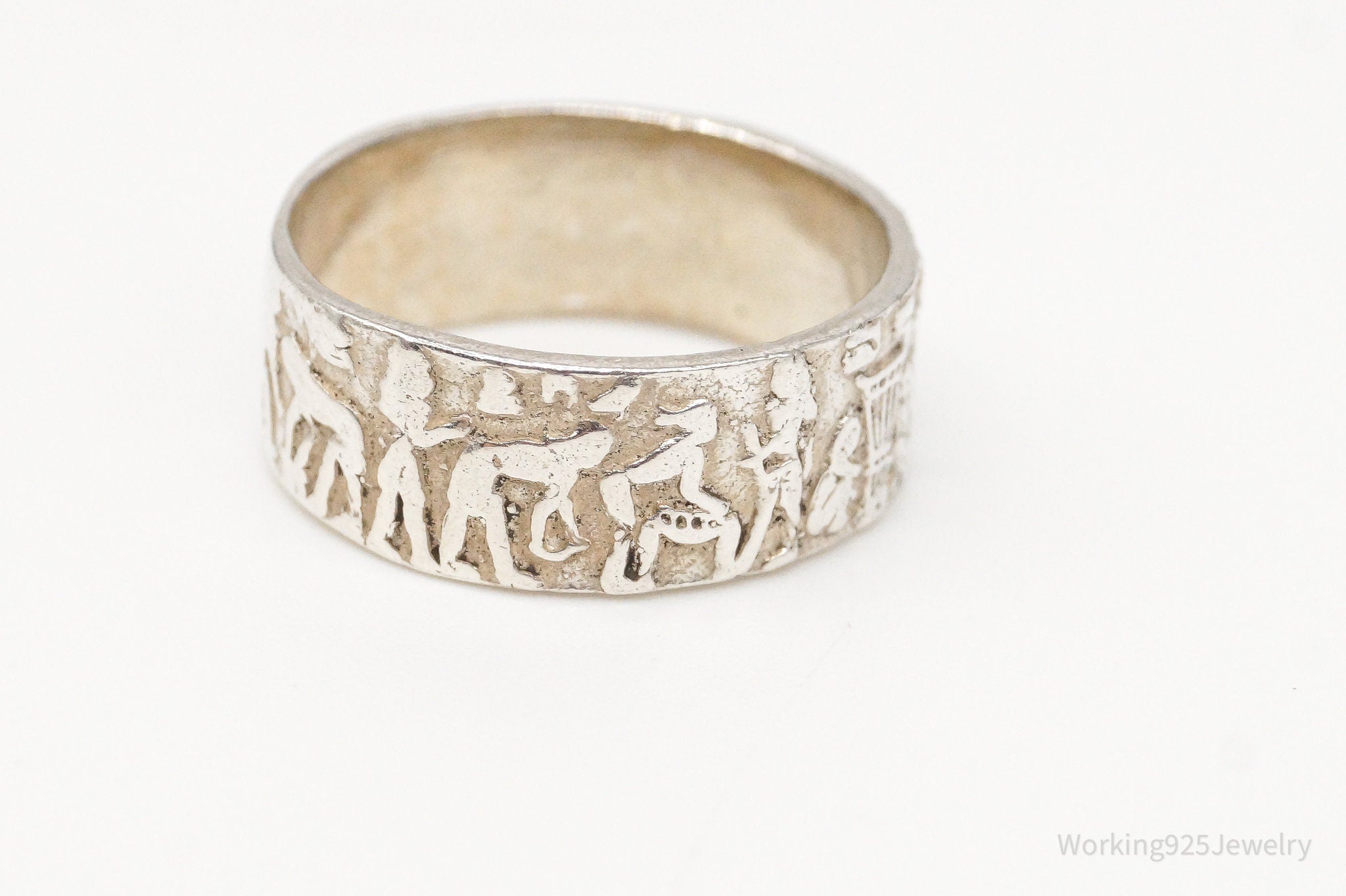 Vintage Hieroglyphic Sterling Silver Band Ring - Size 4.75