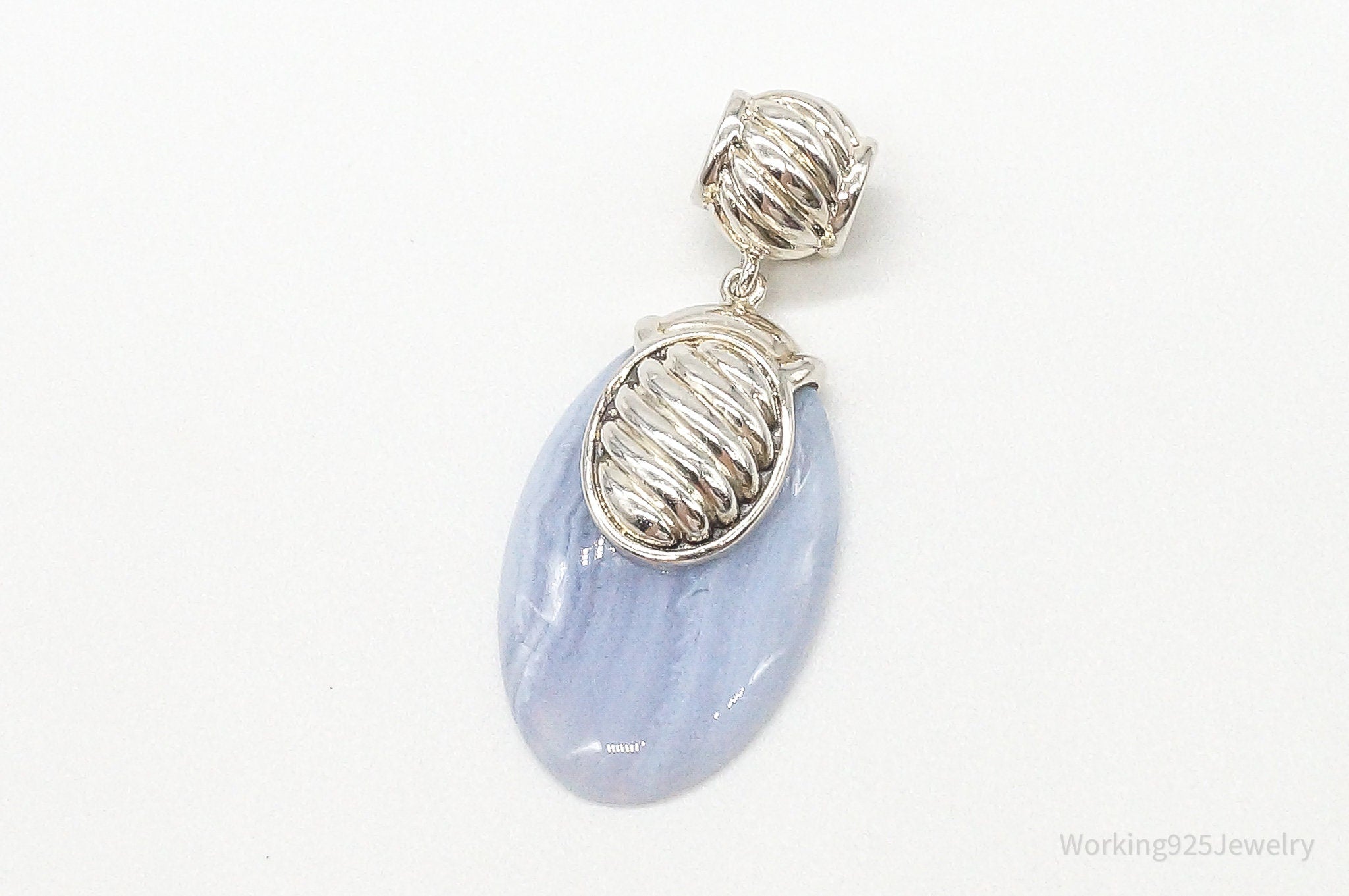 Large Vintage Blue Lace Agate Sterling Silver Pendant