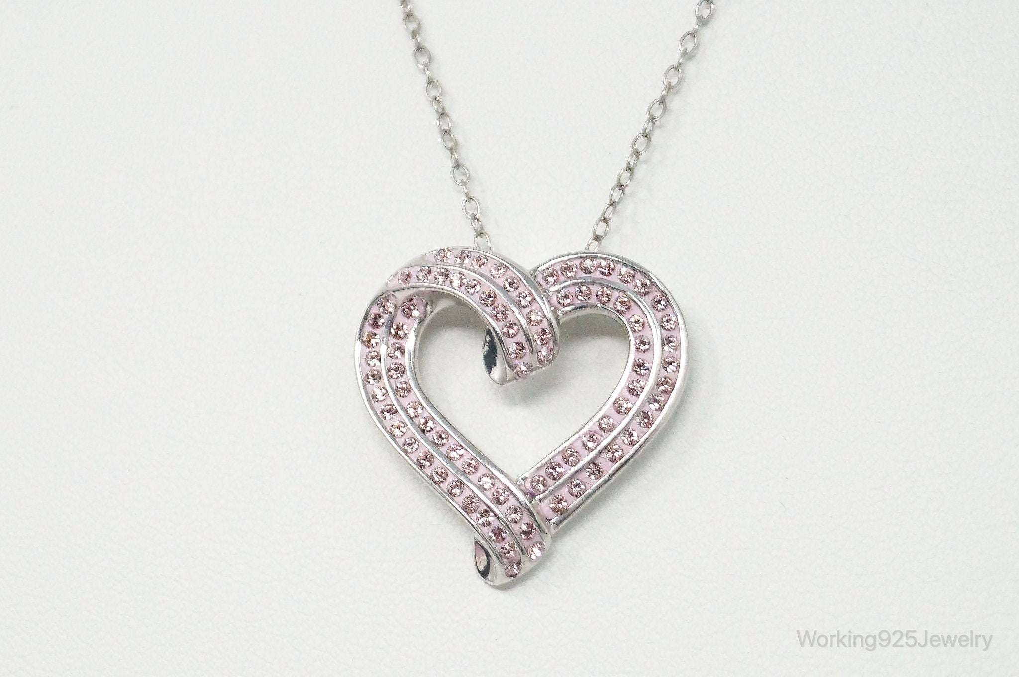 Vintage Designer RL Heart Pink Cubic Zirconia Sterling Silver Necklace