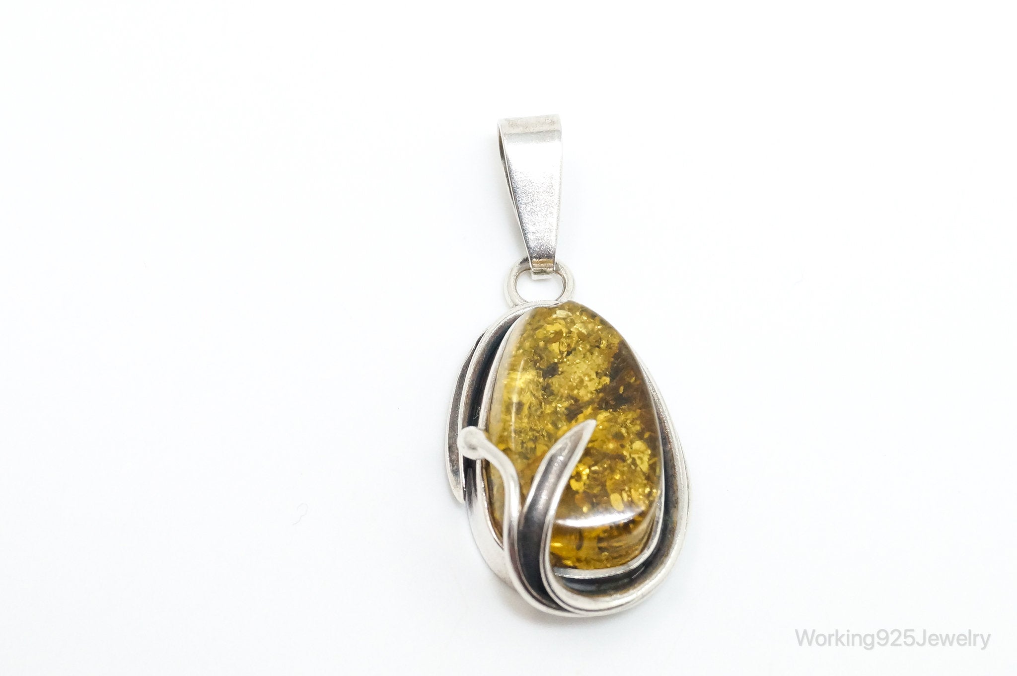 Vintage Honey Amber Modernist Sterling Silver Necklace Pendant