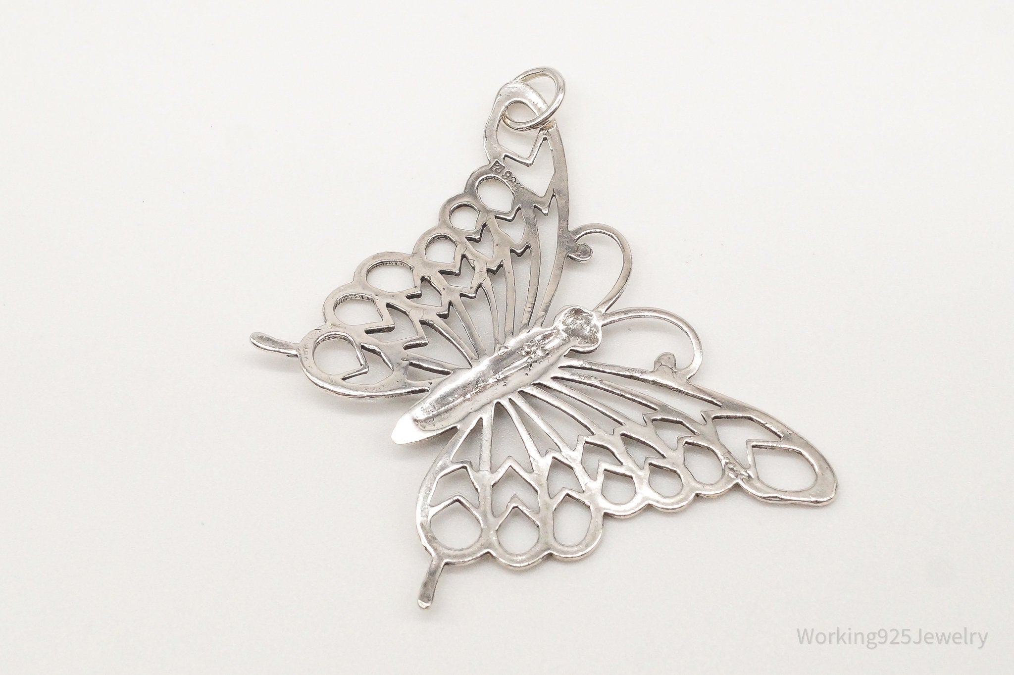 Large Vintage Butterfly Sterling Silver Necklace Pendant