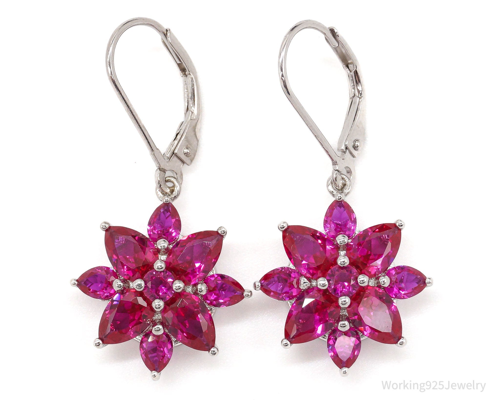 Designer BBJ Lab Ruby Rhodium Over Sterling Silver Flowers Earrings