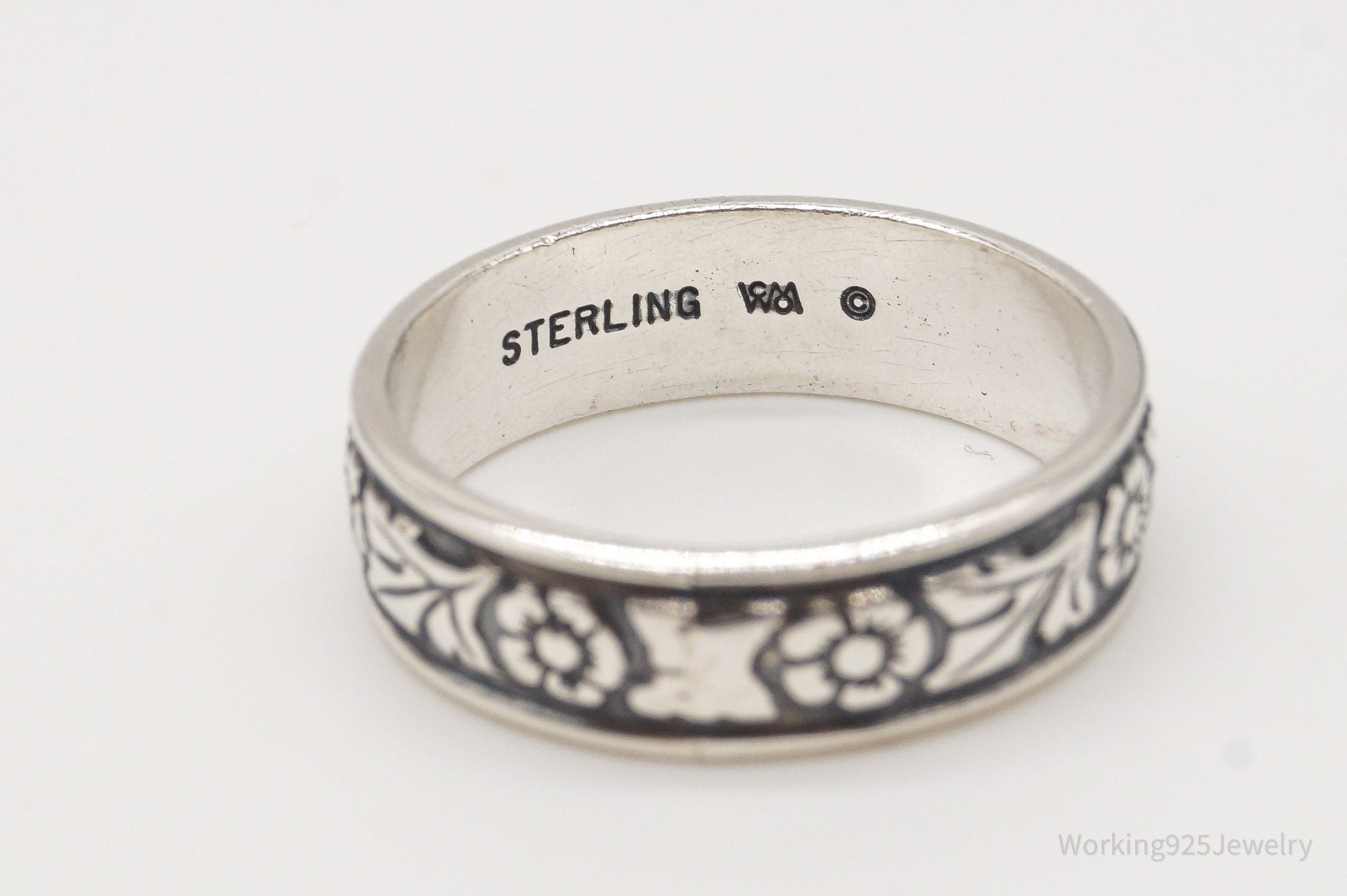 Vintage Designer WMCO Flowers Pattern Sterling Silver Band Ring - Size 7.75