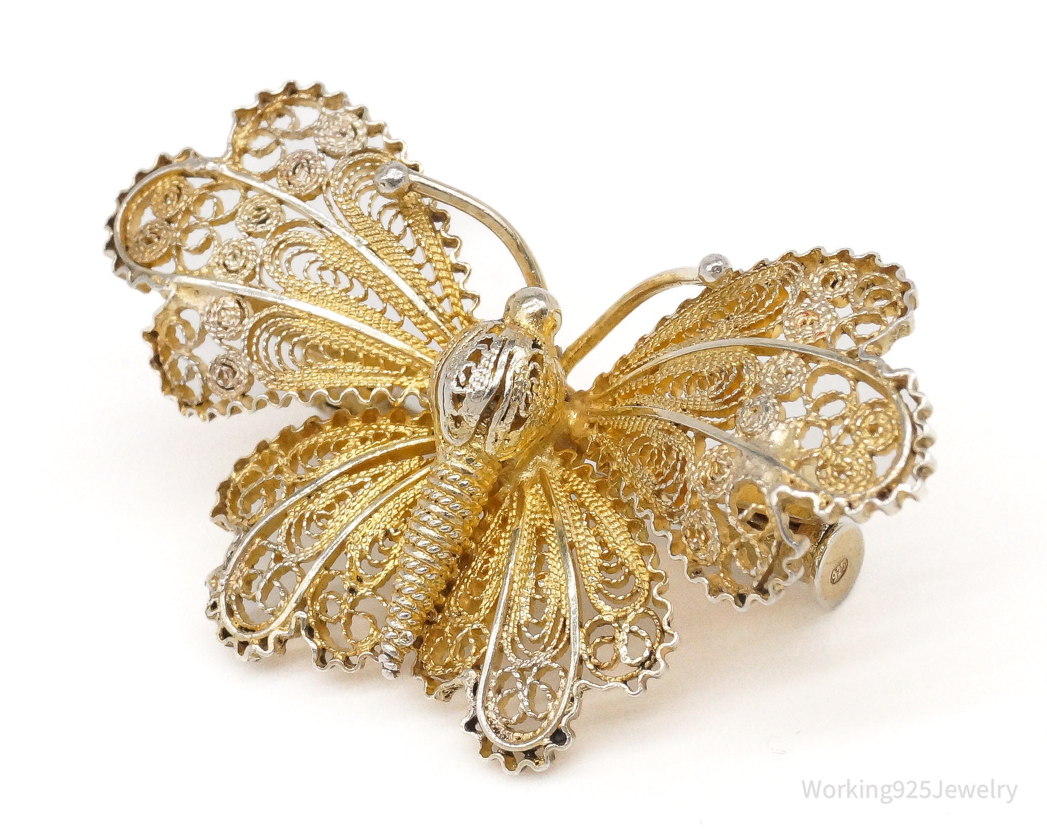 Antique Filigree Butterfly 900 / Sterling Silver Gold Wash Brooch Pin