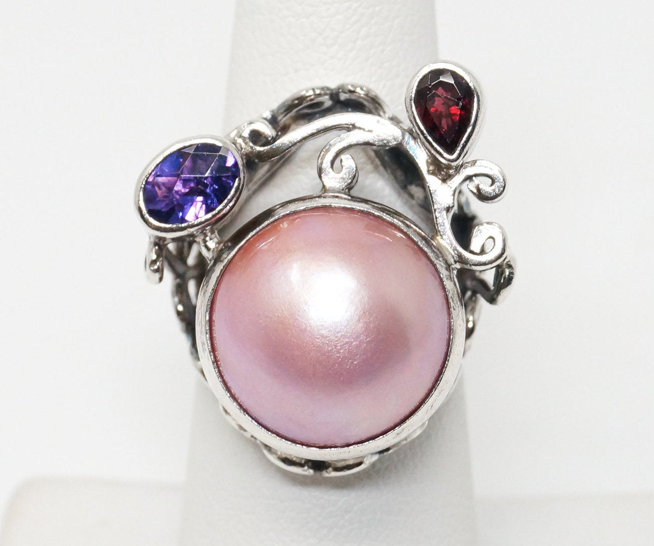 Designer BC Pink Pearl Amethyst Garnet Sterling Silver Statement Ring SZ 6.25