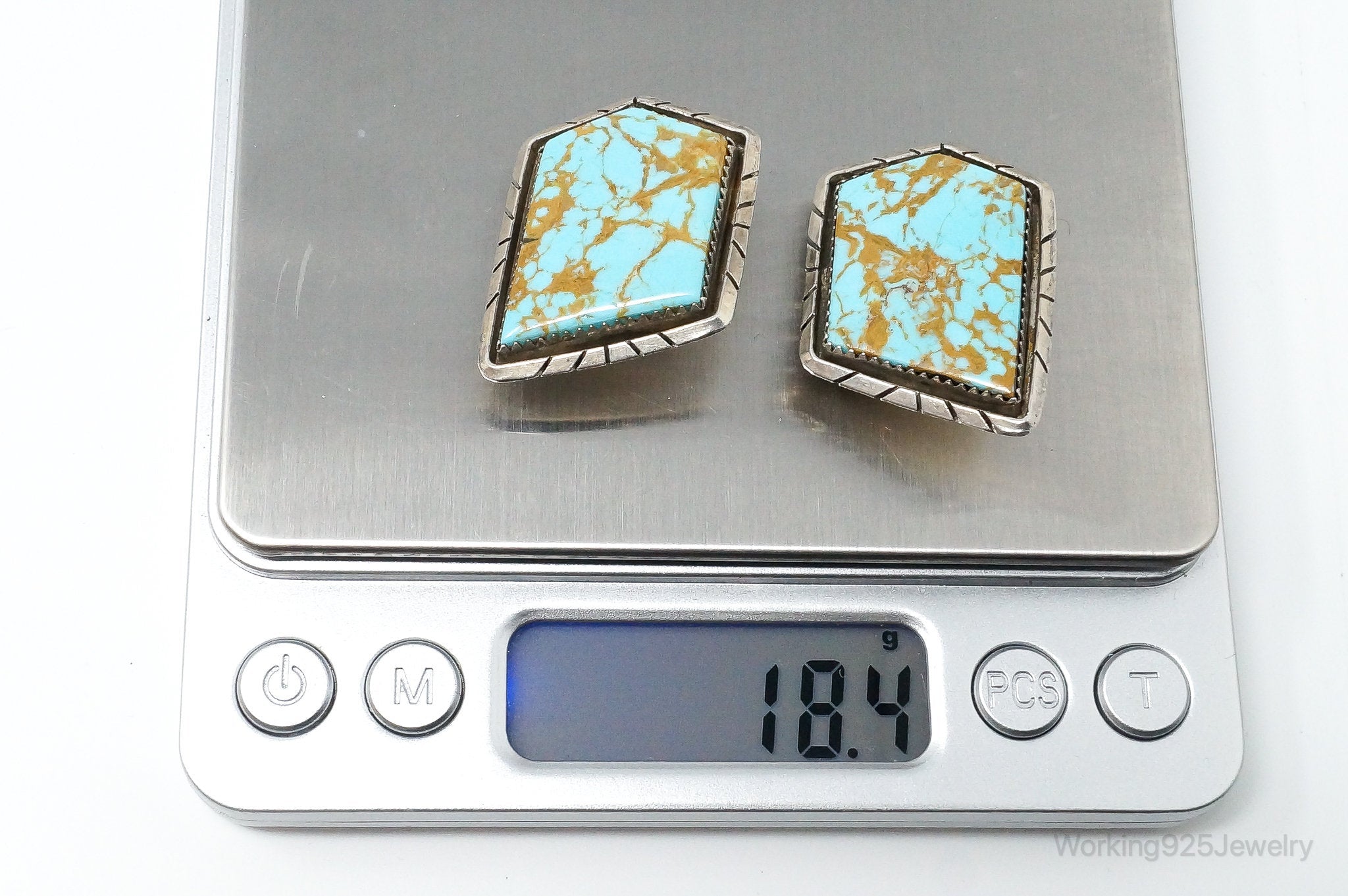 Large Vintage Native American LS Turquoise Sterling Silver Clip On Earrings