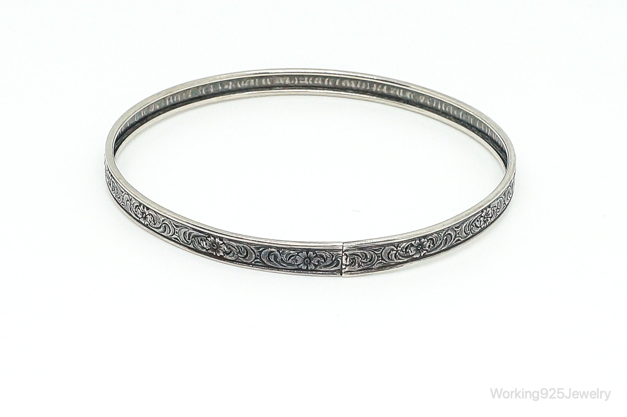 Antique Floral Pattern Sterling Silver Bangle Bracelet