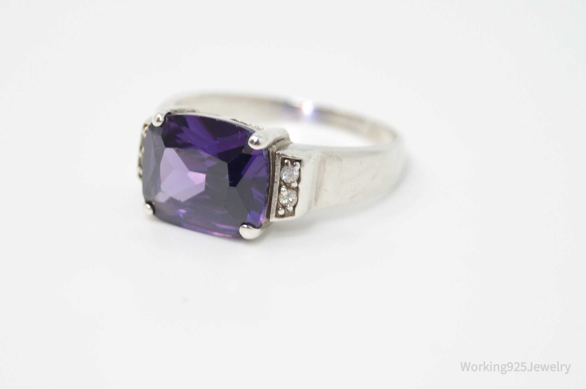 Vintage Art Deco Amethyst CZ Sterling Silver Statement Ring - Sz 10