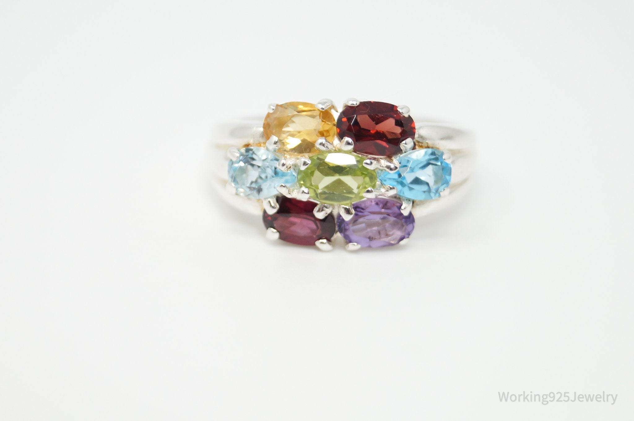 Vintage Designer Multi Gem Rainbow Sterling Silver Ring - Size 8.75